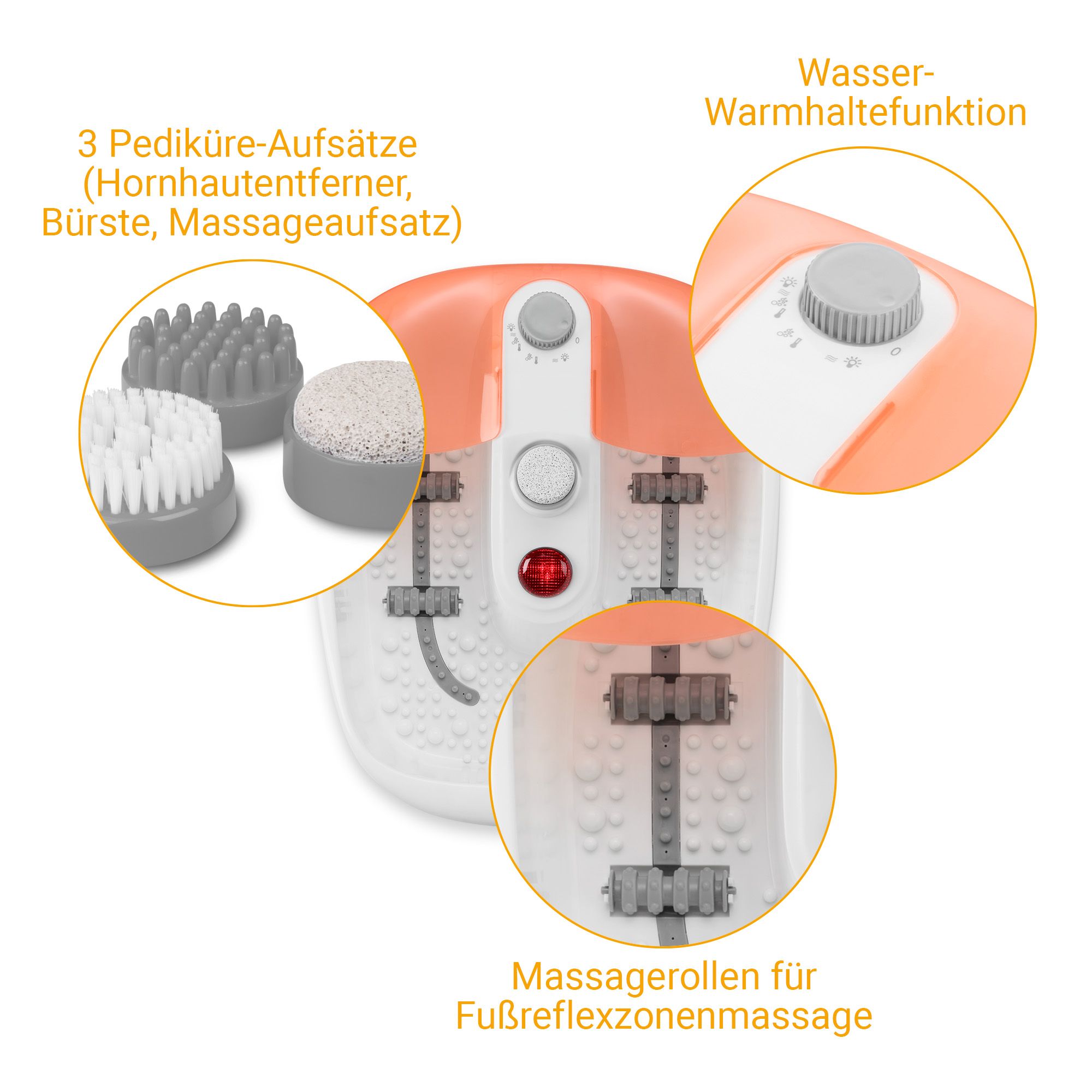 Medisana Fußsprudelbad mit 3 Pediküre-Aufsätzen: Hornhautentferner, Bürste, Massage.