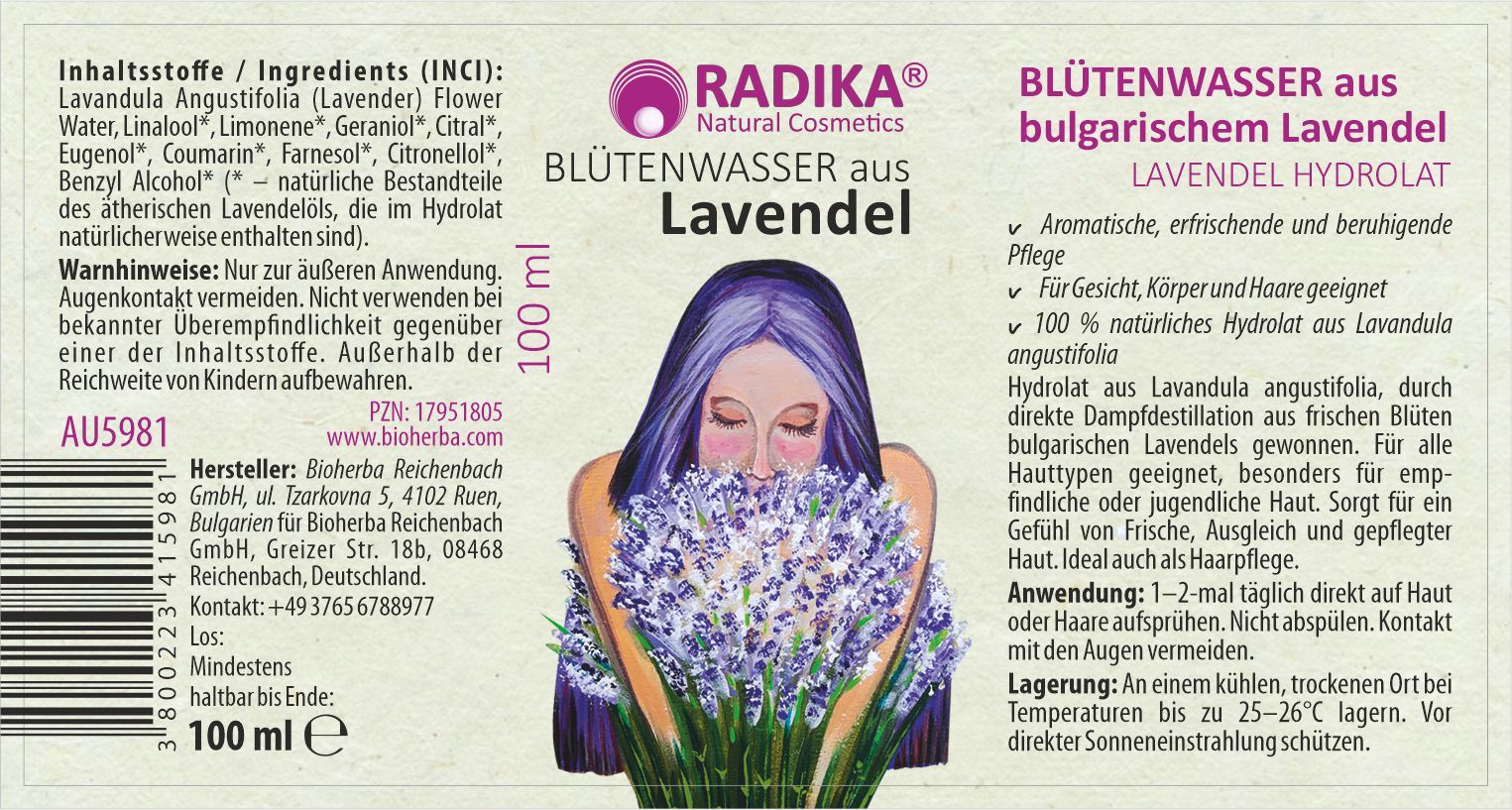 Etikett mit Produktinformationen. Enthält Produktname, Inhaltsstoffe, Herstellerangaben und Anwendungsbereich. 100 ml.