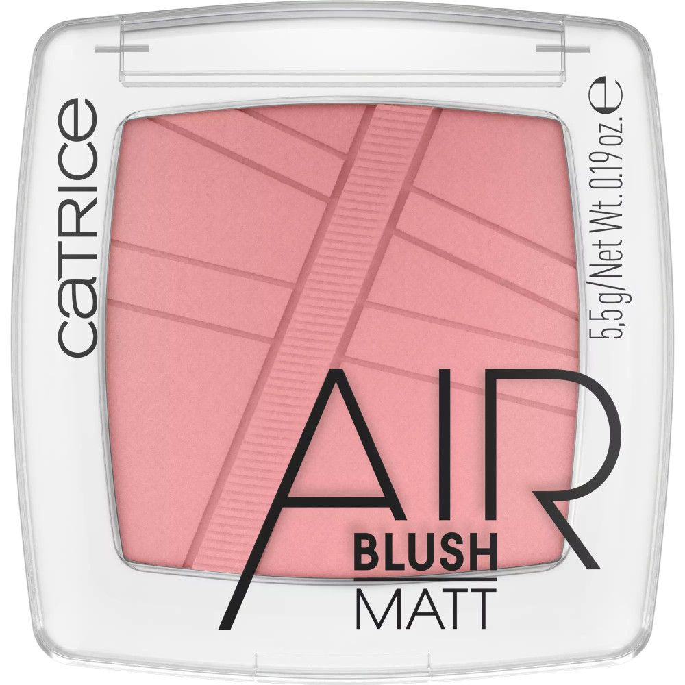 Catrice AirBlush Matte Puder in transparenter Verpackung. Rosa Puder mit diagonalen Linien. Aufschrift: AIR BLUSH MATT.