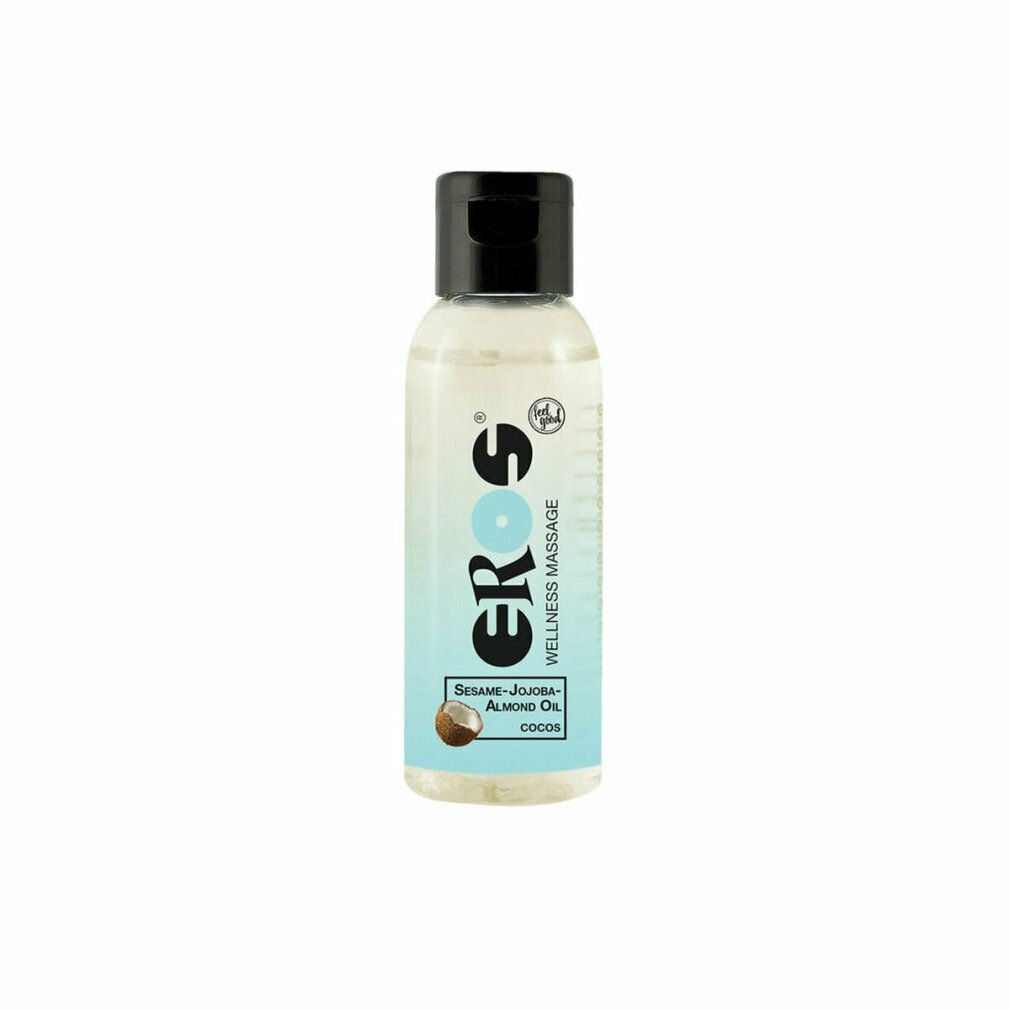 Klarflüssige Flasche mit schwarzem Deckel. Aufschrift: EROS, Wellness Massage, Sesam-Jojoba-Mandelöl, Cocos. Kokosnuss-Illustration.