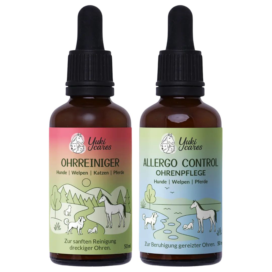 Zwei braune Flaschen mit Tropfern. Etiketten: Ohrreiniger und Allergo Control. Text und Illustrationen. 50ml.