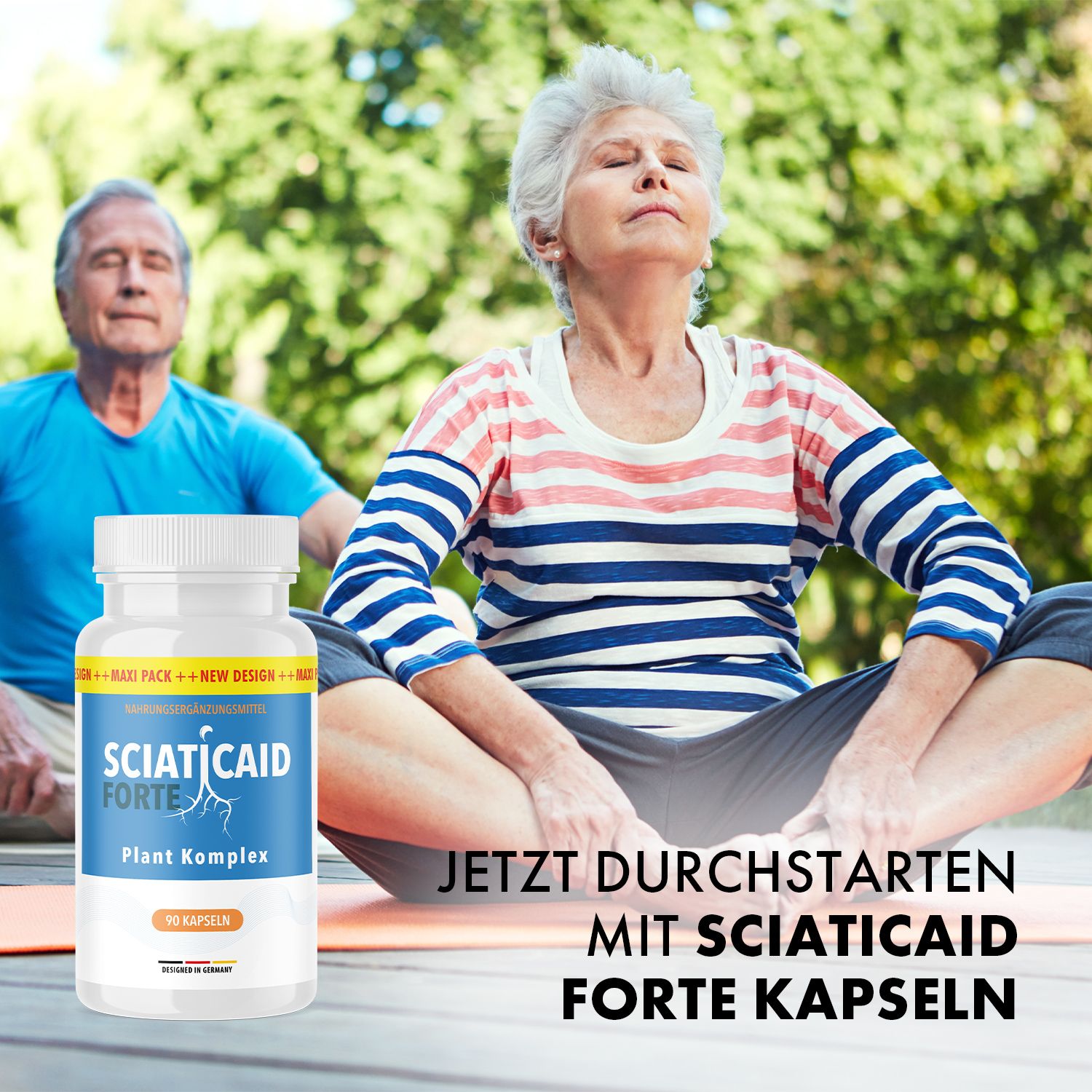 Älteres Paar im Freien. Frau und Mann sitzen im Schneidersitz. Flasche Sciaticaid Forte Kapseln. Text: JETZT DURCHSTARTEN MIT SCIATICAID FORTE KAPS.