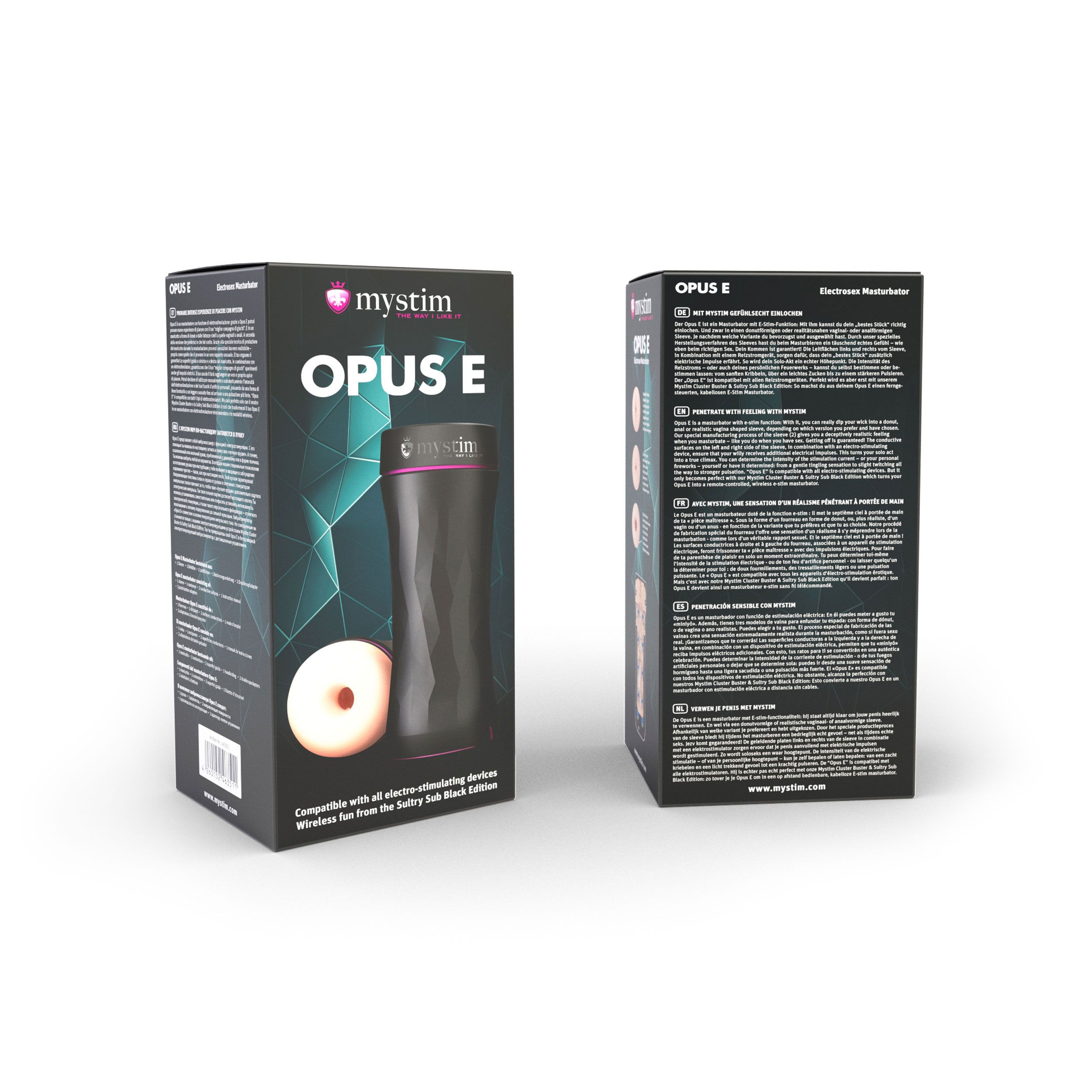 Zwei Mystim Opus E Verpackungen. Schwarze Boxen mit Produktabbildung und Text. Verschiedene Ansichten.