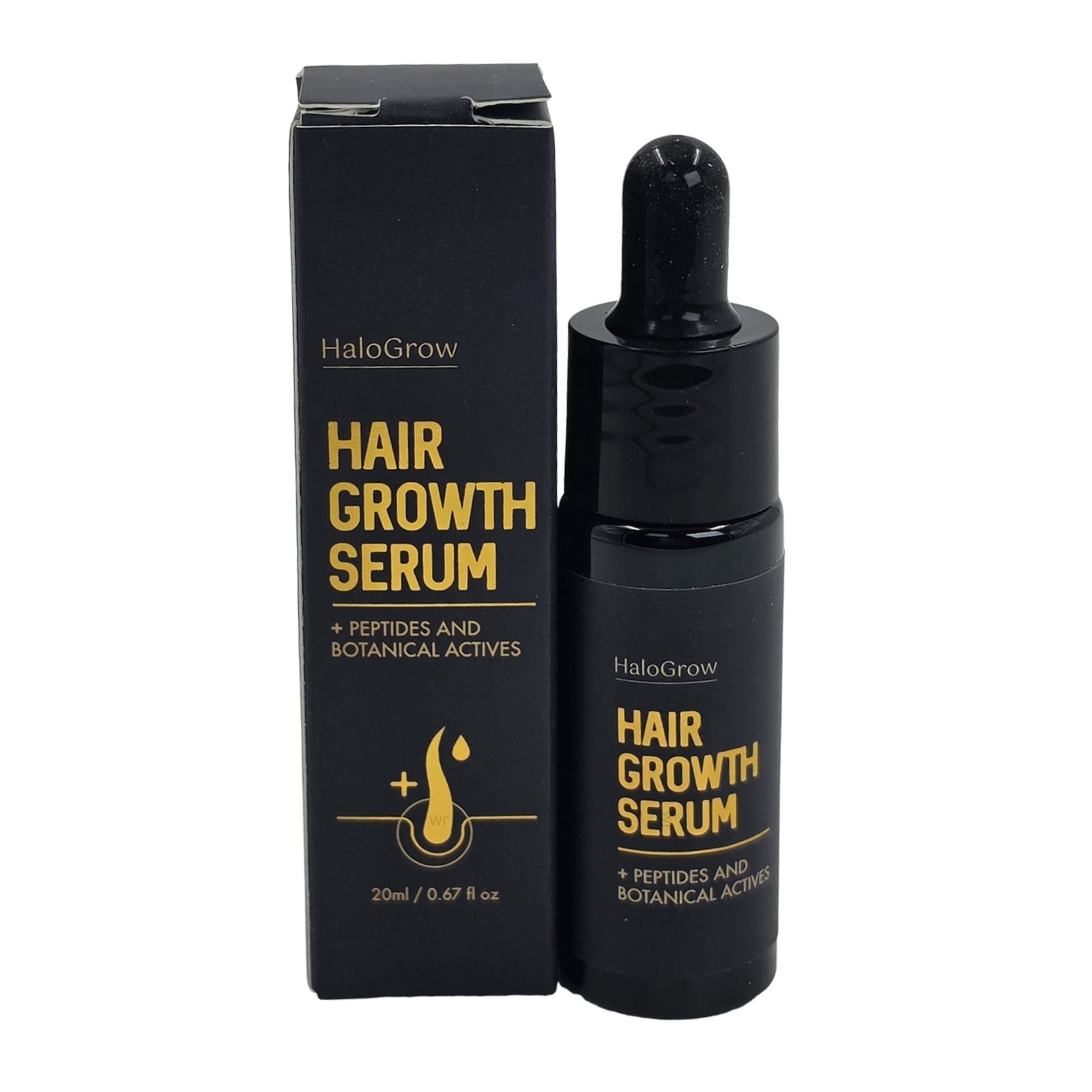 HaloGrow Haarwachstumsserum in schwarzer Flasche mit Pipette und Umverpackung. Enthält Peptide und botanische Wirkstoffe.