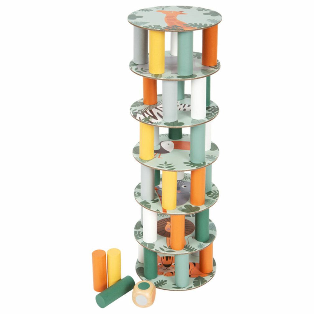 Wackelturm mit Tier-Motiven. Mehrfarbige Säulen, runde Etagen mit Tiermotiven. Würfel und Holzstäbe liegen daneben.