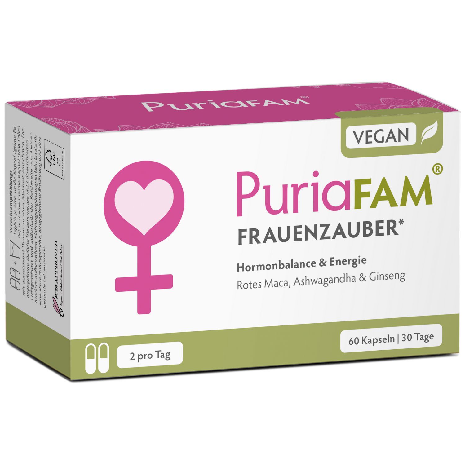 Karton mit "PuriaFAM Frauenzauber". Rosa und weiß. Vegan-Logo. 60 Kapseln, 2 pro Tag. Frauen-Symbol.