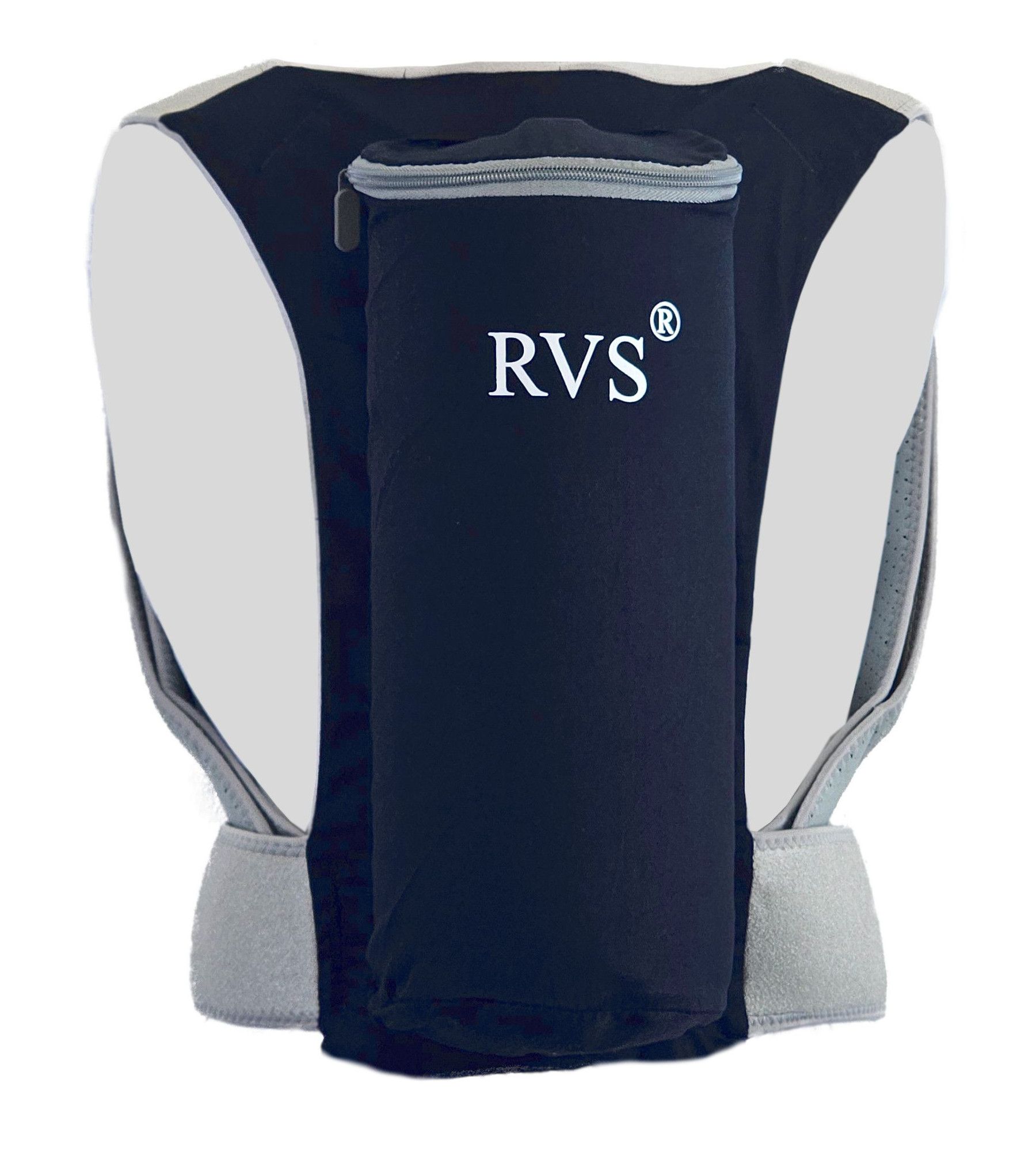 Rückenlageverhinderungsrucksack, Frontansicht. Blau und grau. RVS®-Logo auf zylindrischer Tasche.