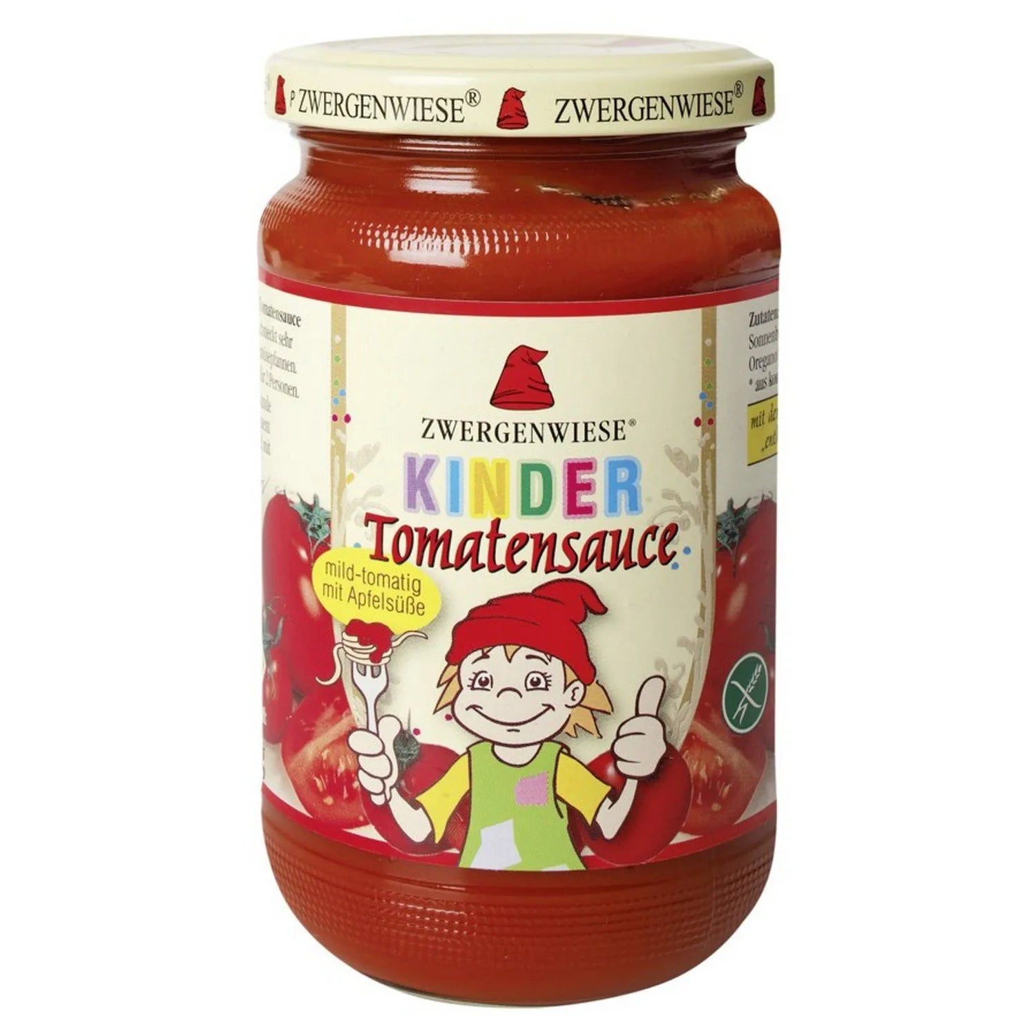 Zwergenwiese Kinder Tomatensauce Glas mit Etikett und Illustration.