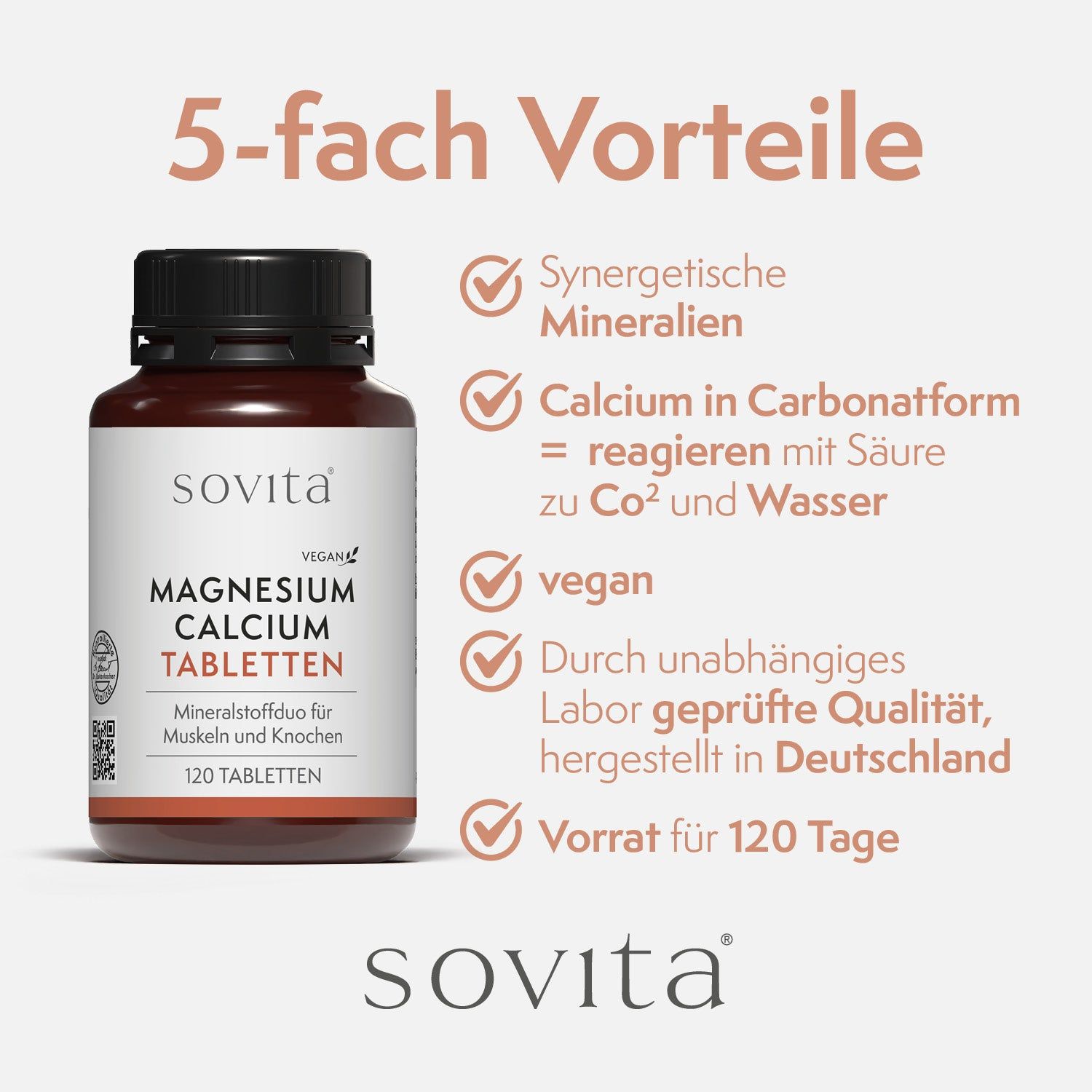 Braune Flasche SoVita® Magnesium Calcium Tabletten. Text: 5-fach Vorteile, vegan, 120 Tabletten. Schwarzer Deckel.