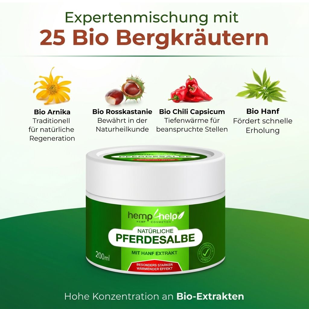 Creme-Dose mit Kräutern. Text: Natürliche Pferdesalbe mit Hanf Extrakt. 25 Bio Bergkräuter. Marke: hemp help.