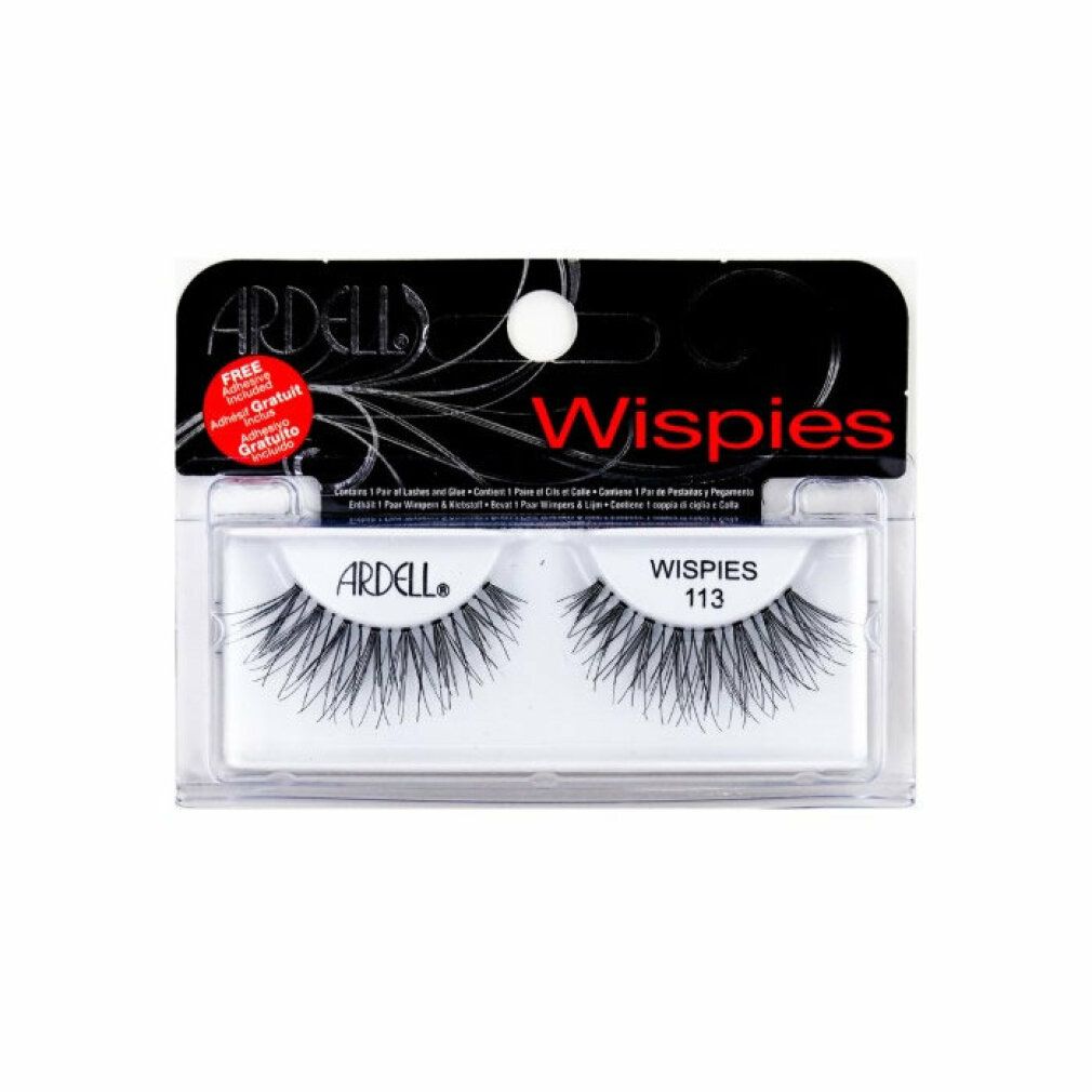 Ardell Wispies 113 Wimpern. Schwarze Kunstwimpern in Verpackung. Enthält Kleber. Leicht, komfortabel, natürliches Haar.