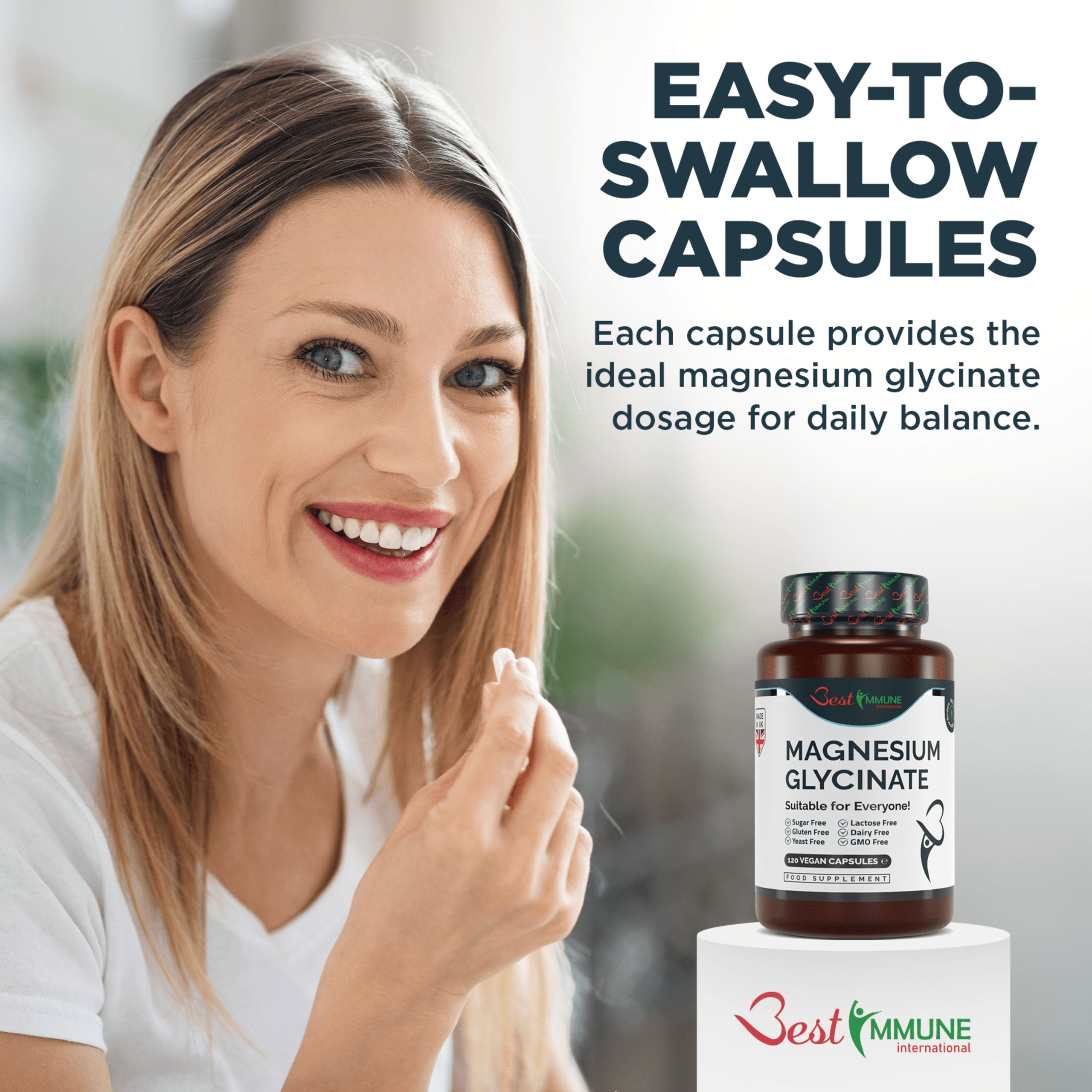 Frau hält Kapsel. Flasche mit Magnesiumglycinat. Marke: Best Immune. Text: Leicht zu schluckende Kapseln.
