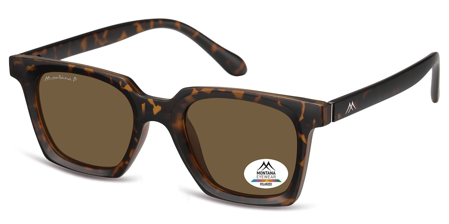 Sonnenbrille mit braunen Gläsern und braunem, gemustertem Rahmen. Auf dem rechten Glas befindet sich ein Aufkleber mit Logo und der Aufschrift 'POLARIZED'.