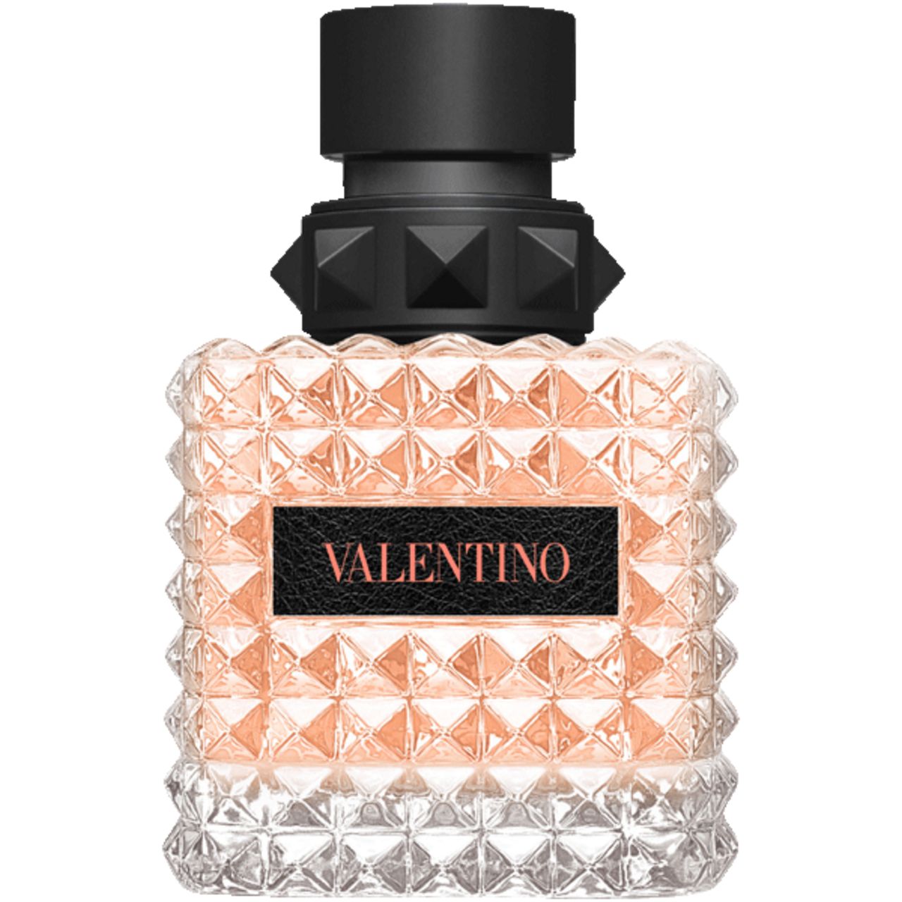 Valentino Born in Roma Coral Fantasy EDP. Quadratischer Flakon mit Noppenmuster und schwarzem Verschluss. Produktname auf dem Etikett.