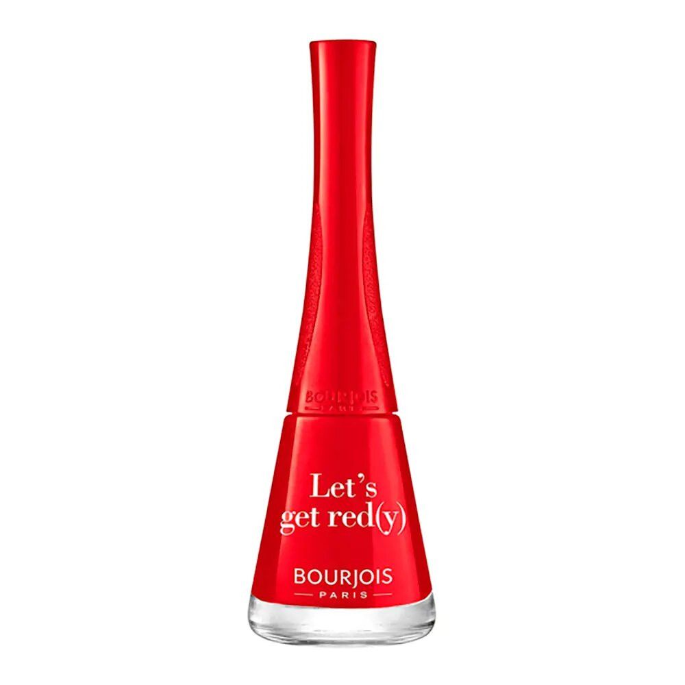 Roter Nagellack in einer Flasche mit geschwungenem Hals. Aufschrift 'Let's get red(y)' und Markenname 'Bourjois Paris' sichtbar.