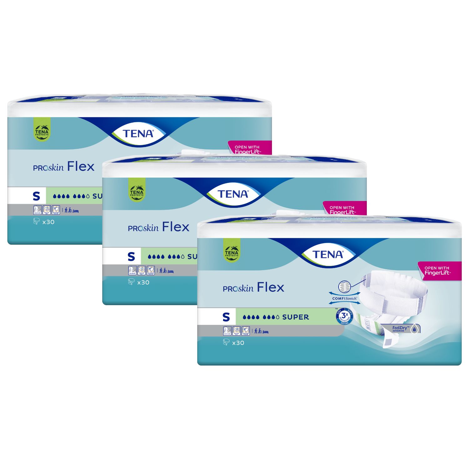 Drei Packungen TENA Flex Super Small. Jede Packung zeigt das Logo, Produktbezeichnung und Größe S. Aufdrucke: ProSkin Flex, Super.