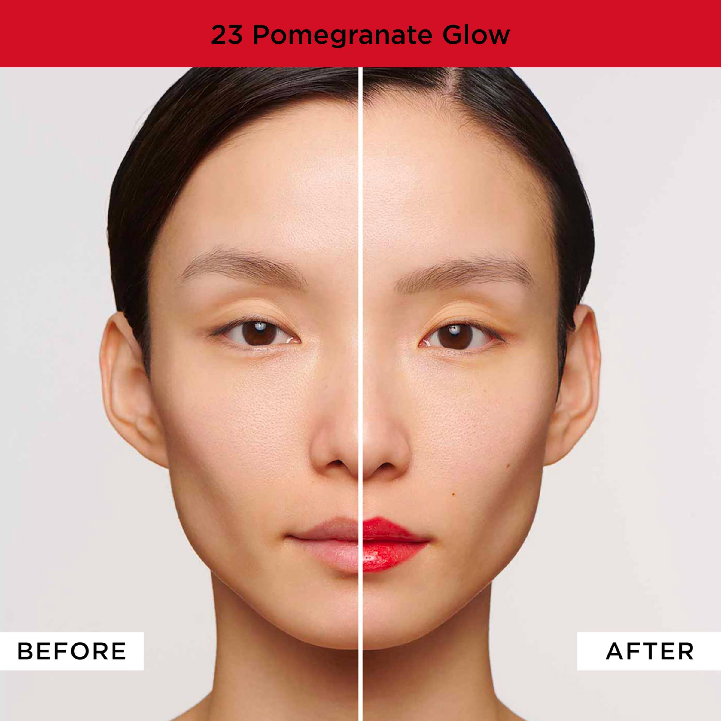 Gesicht einer Frau, eine Hälfte ohne, die andere mit rotem Lip Perfector. Text: 23 Pomegranate Glow.