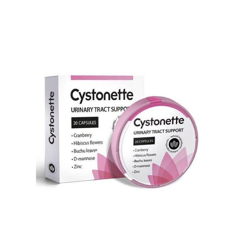 Weißer Karton und rosa Dose mit Produktaufschrift. Aufschrift: Cystonette, Urinary Tract Support, 20 Kapseln. Inhaltsstoffe aufgelistet.