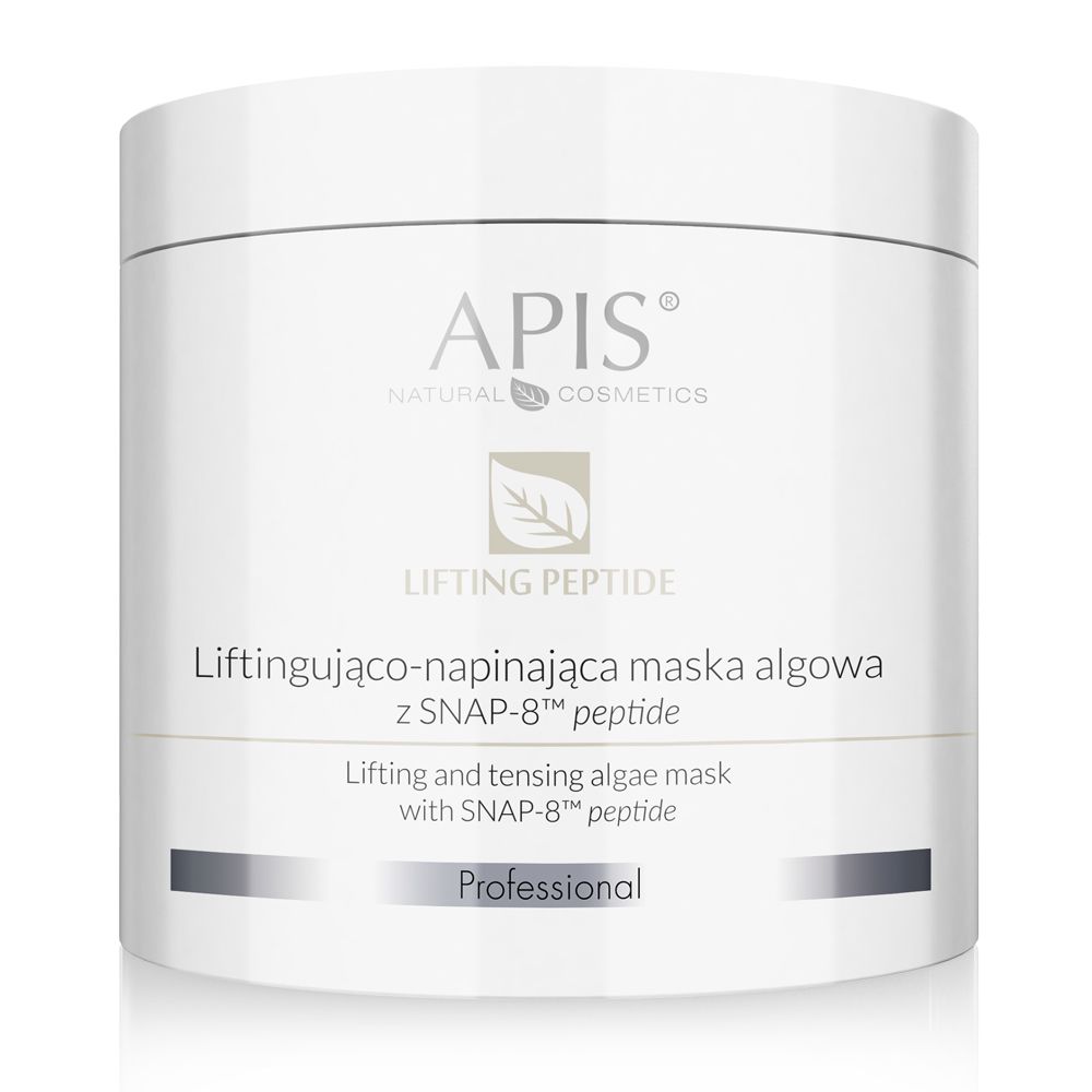 Weißer Tiegel mit APIS-Logo und Schriftzug "Lifting Peptide". Text: "Lifting-napinająca maska algowa z SNAP-8 peptide".