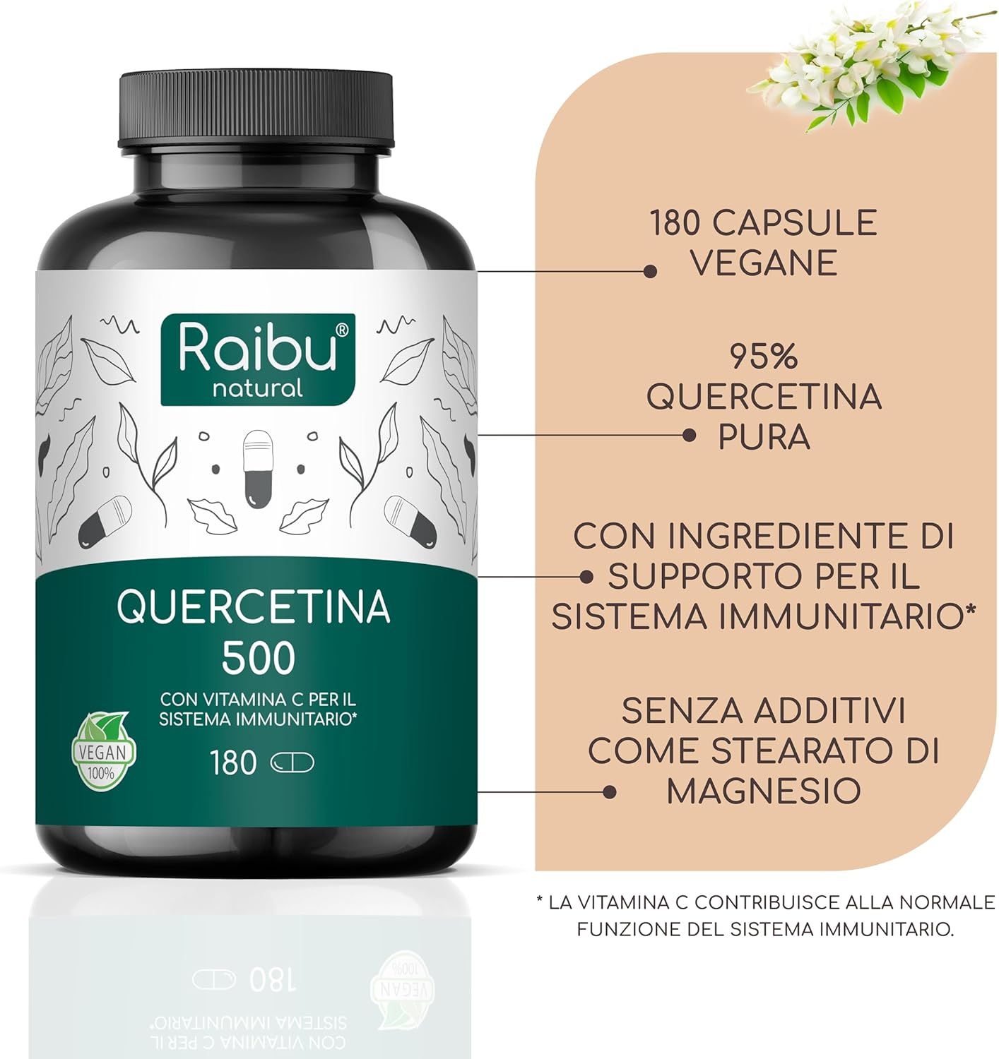 Flacone con Quercetina 500. Testo: 180 capsule, Vegan, 95% Quercetina Pura. Con vitamina C. Senza stearato di magnesio.