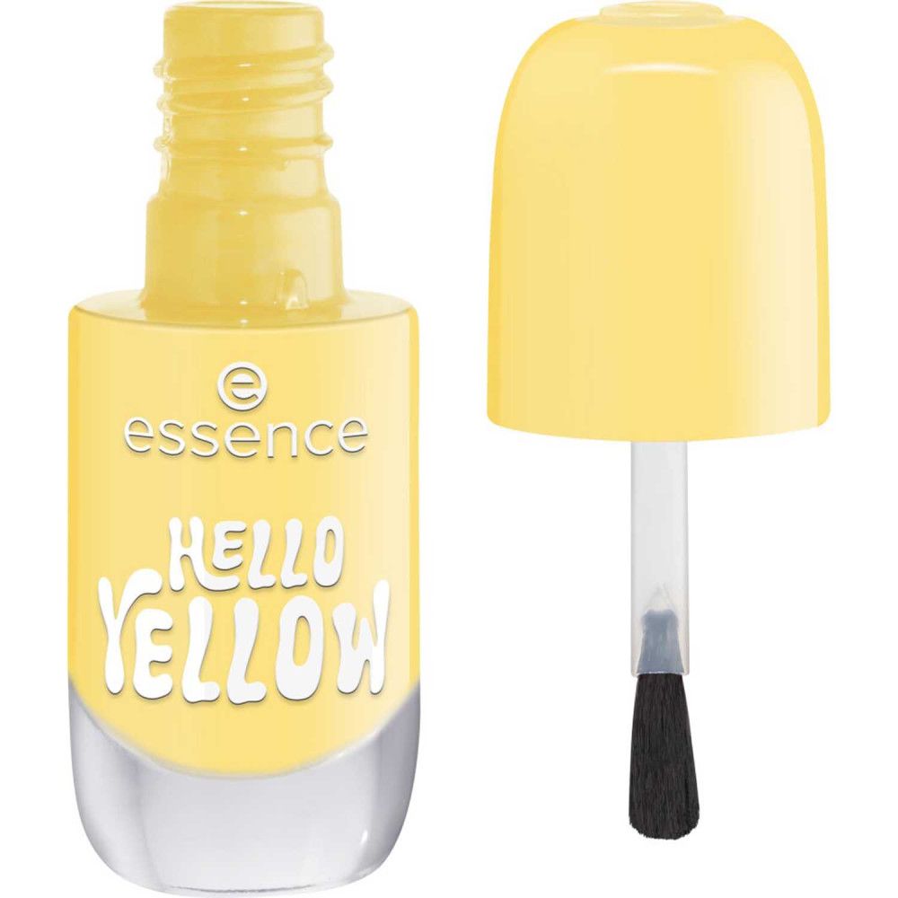 Gel-Nagellack, gelb. Flasche mit geöffnetem Deckel und Pinsel. Aufschrift "HELLO YELLOW" und "essence".