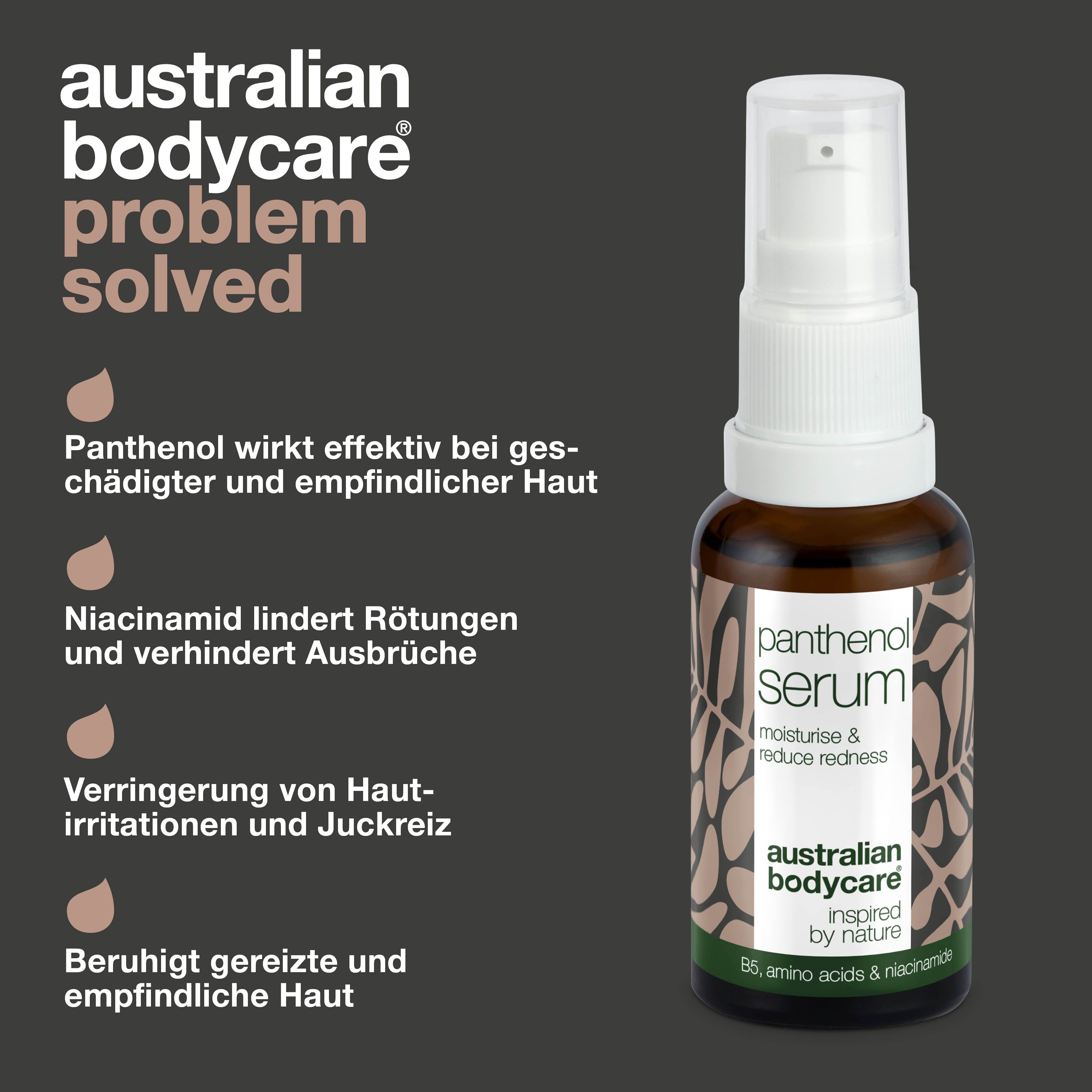 Flasche Panthenol Serum. Text: Panthenol wirkt effektiv bei geschädigter und empfindlicher Haut.