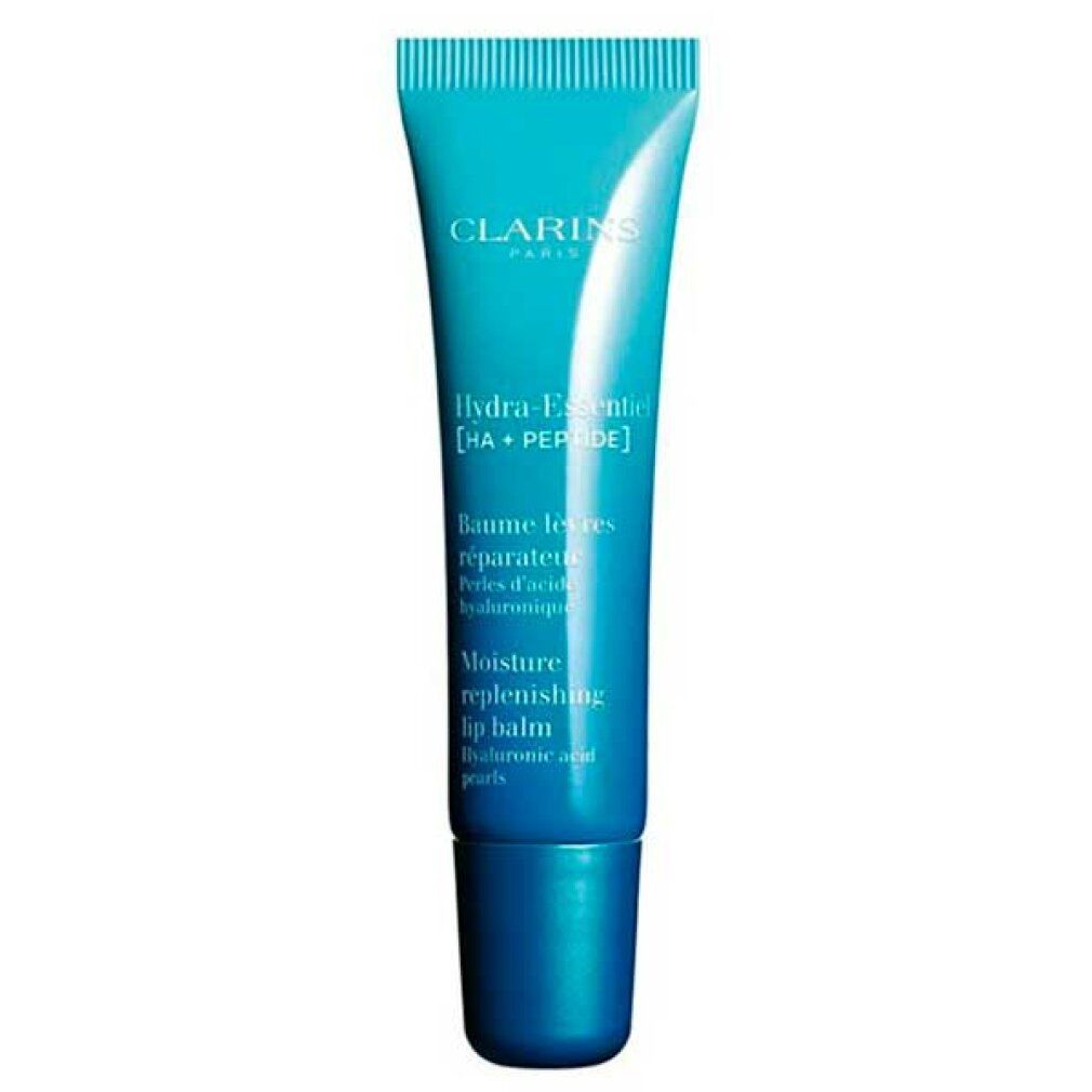 Blau-weiße Tube Clarins Hydra-Essentiel Lippenbalsam. Text: Moisture replenishing lip balm, Hyaluronsäure-Perlen.