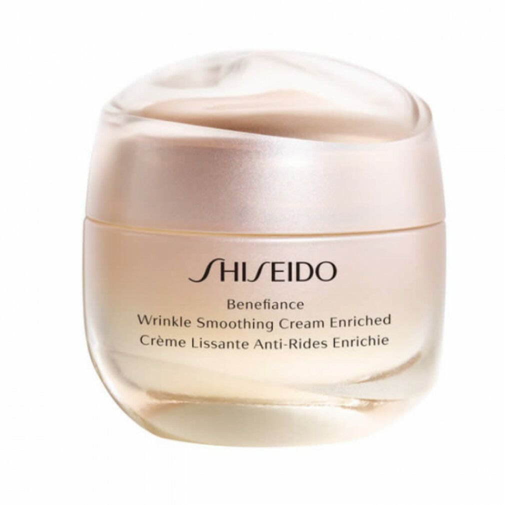 Creme-Tiegel mit Deckel. Aufschrift: SHISEIDO Benefiance, Wrinkle Smoothing Cream Enriched, Crème Lissante Anti-Rides Enrichie.