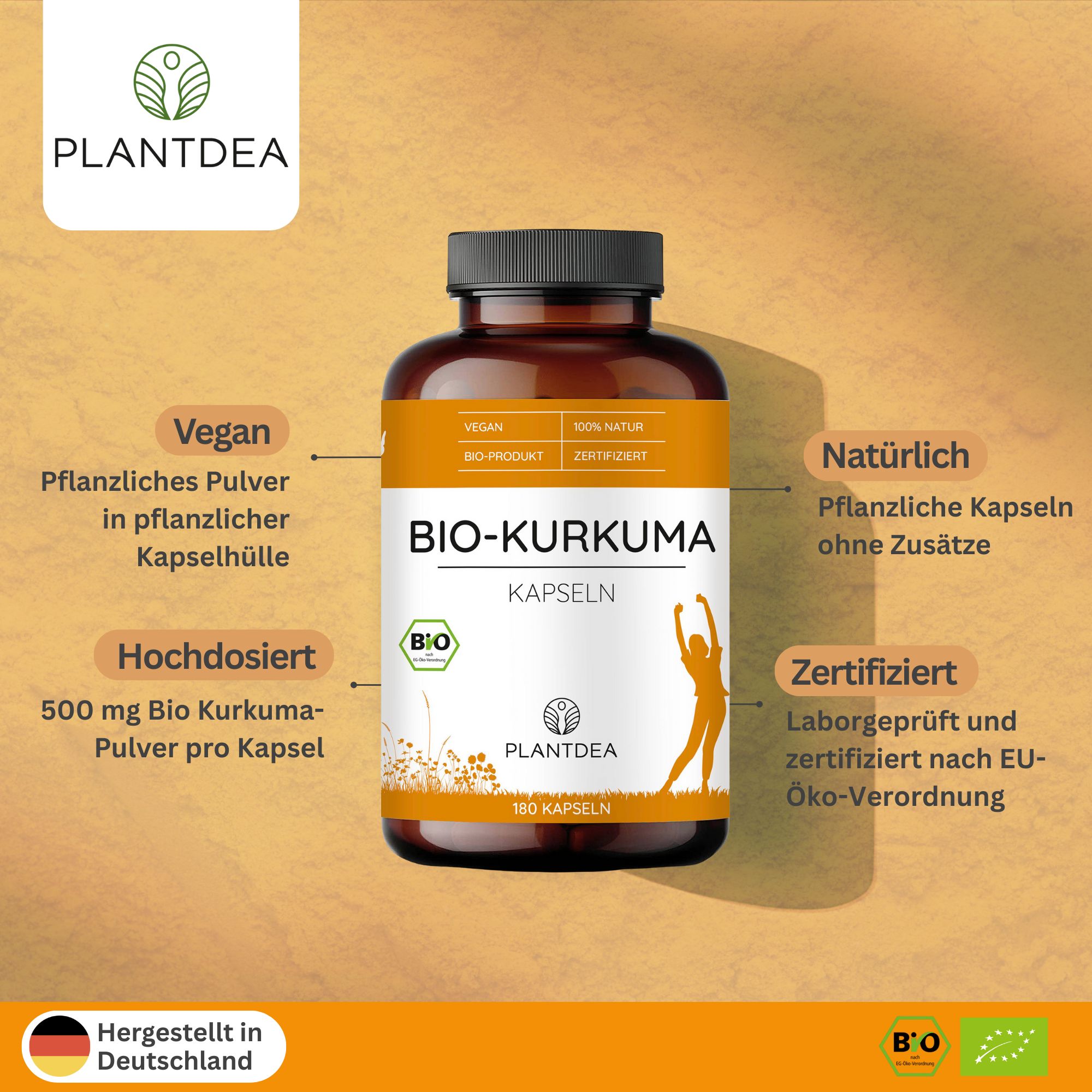 Braune Flasche "BIO-KURKUMA Kapseln". Text: Vegan, hochdosiert, natürlich, zertifiziert. Hintergrund orange.