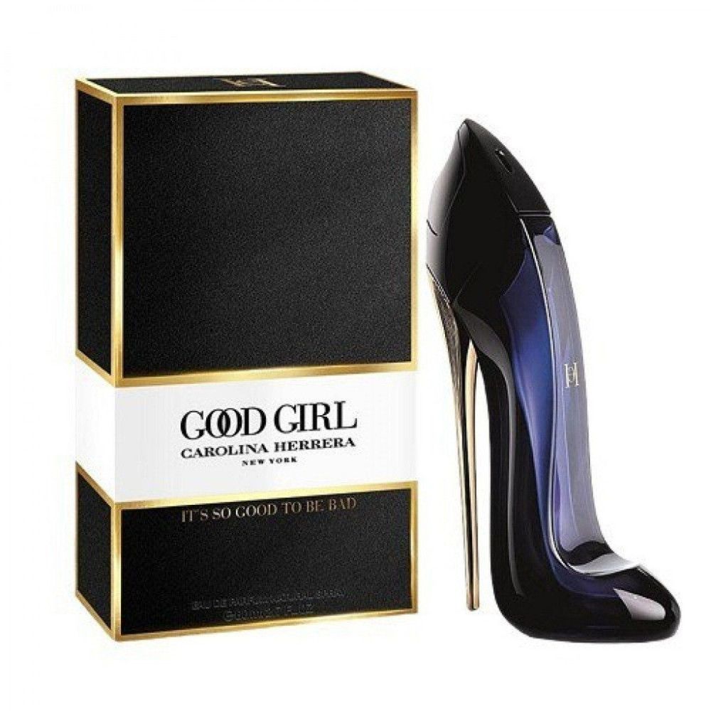 Schwarzer Karton mit goldener Umrandung und Aufschrift 'Good Girl Carolina Herrera'. Daneben ein High Heel-Flakon.
