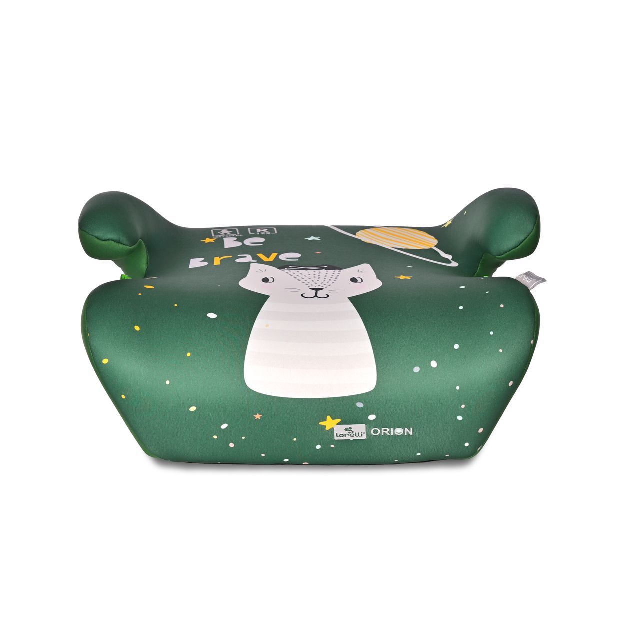 Grüner Kindersitz-Booster mit Katzenmotiv und Weltraumdesign.