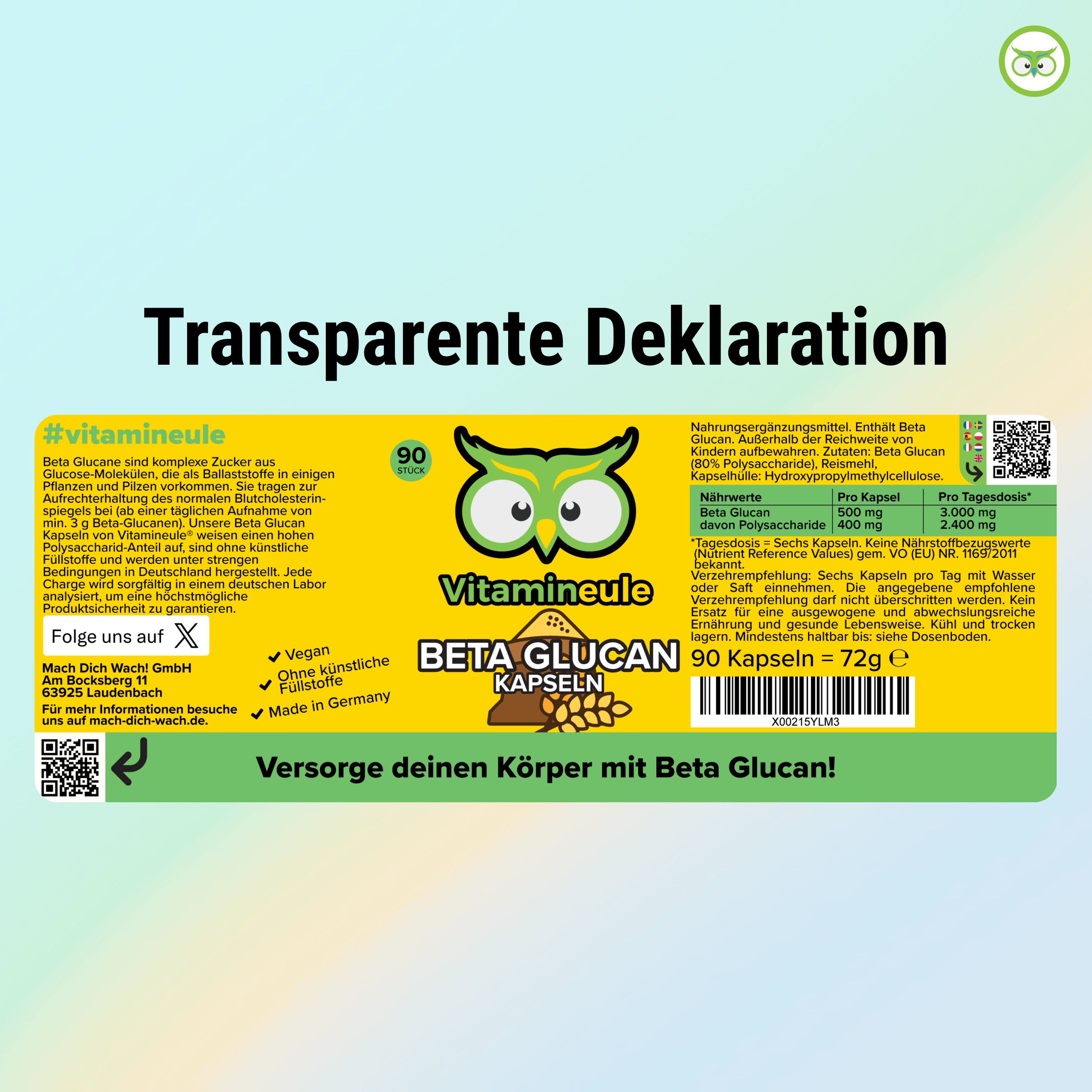 Etikett mit Produktinformationen. Beta Glucan Kapseln, 90 Kapseln. Inhaltsstoffe, Nährwertangaben, Herstellerinformationen, QR-Code.