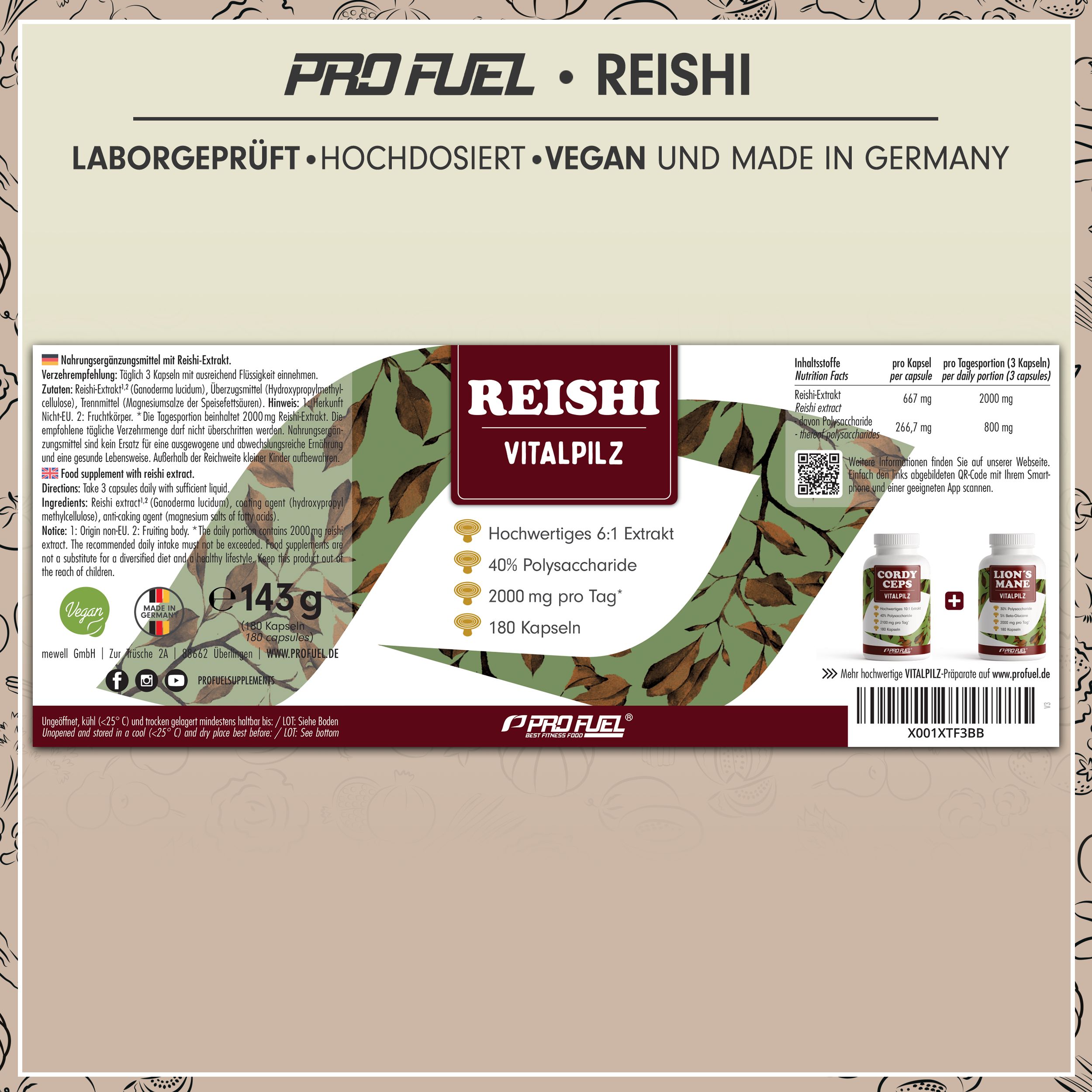 Produktverpackung mit Informationen. Reishi Vitalpilz Kapseln. 180 Kapseln. 2000 mg pro Tag. Vegan. Made in Germany.