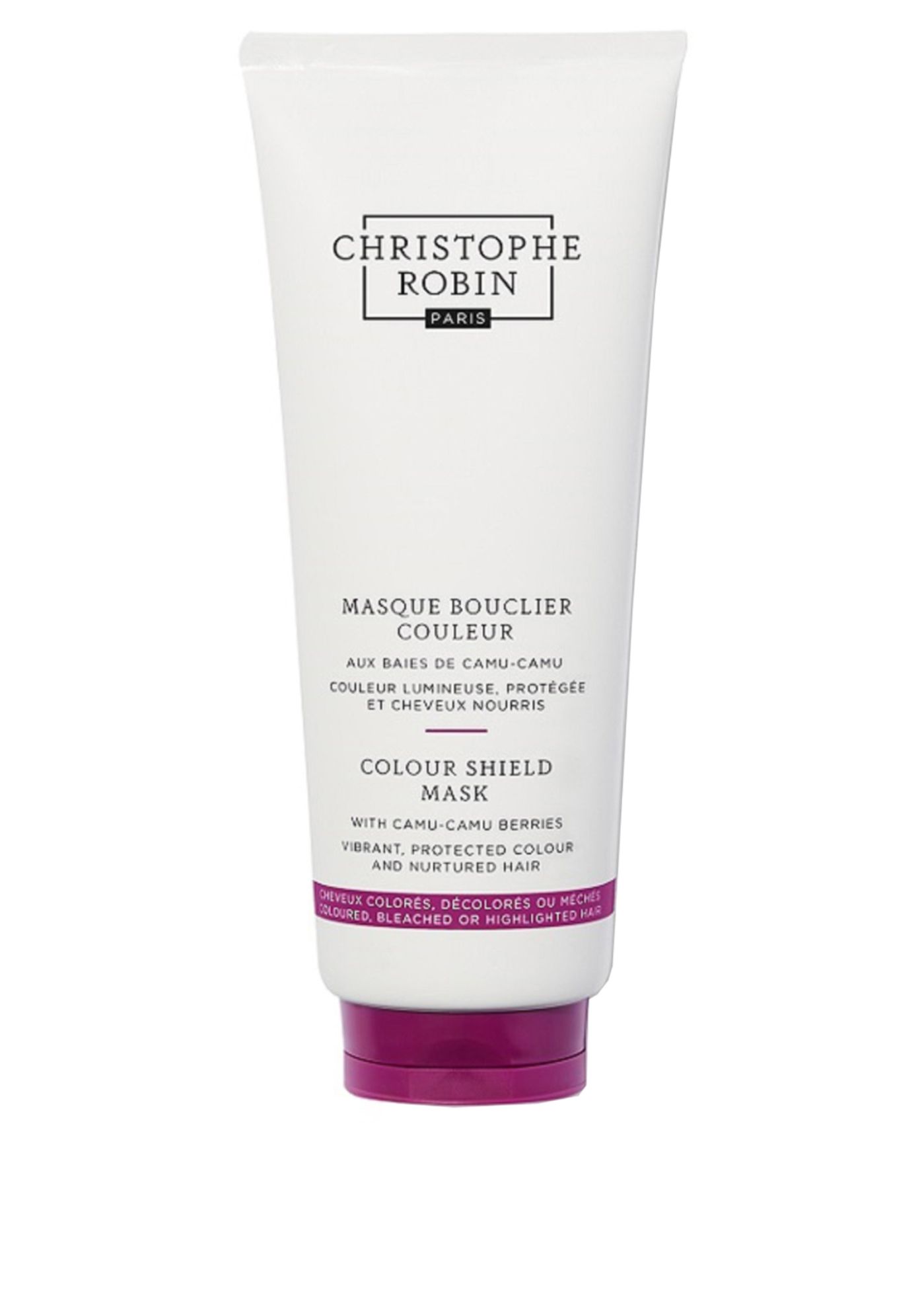 Weiße Tube mit lila Verschluss. Text: Christophe Robin, Masque Bouclier Couleur, Colour Shield Mask.