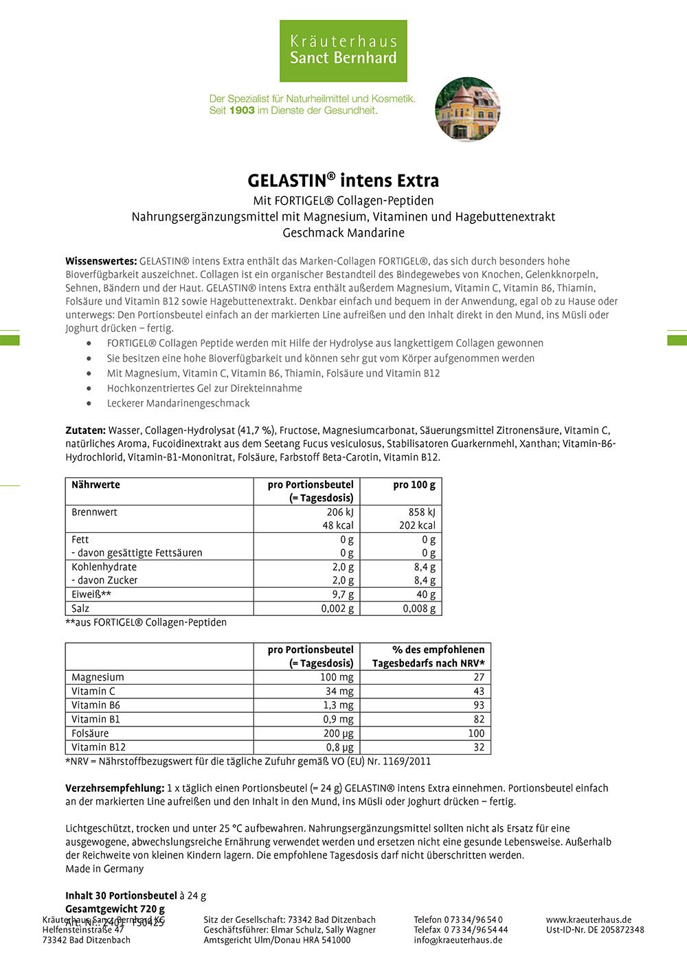 Produktinformationen auf weißem Papier. Enthält Informationen zu GELASTIN Intens Extra, Inhaltsstoffe, Nährwerte und Verzehrempfehlung. Text in deutscher Sprache.