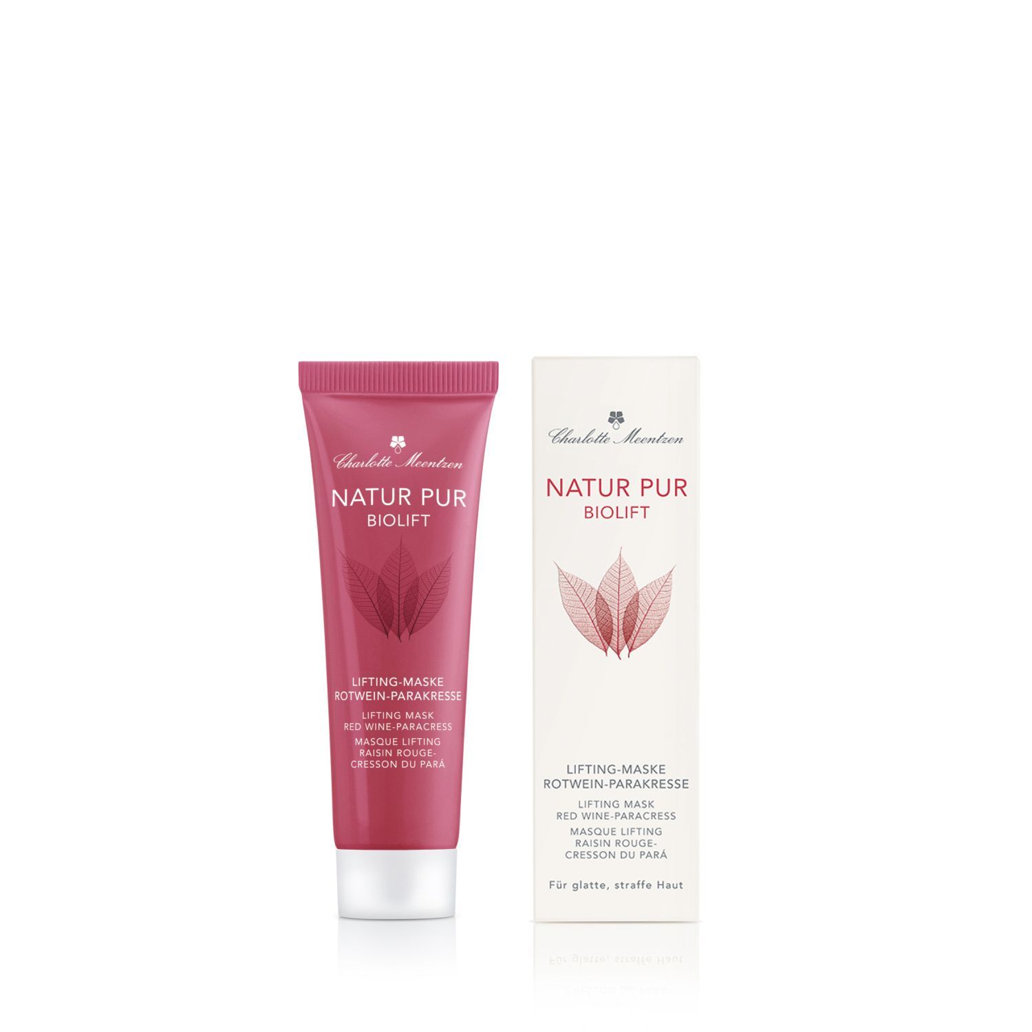 Rosa Tube und Karton. Aufschrift: Natur Pur Biolift, Lifting-Maske Rotwein-Parakresse. Für glatte, straffe Haut.