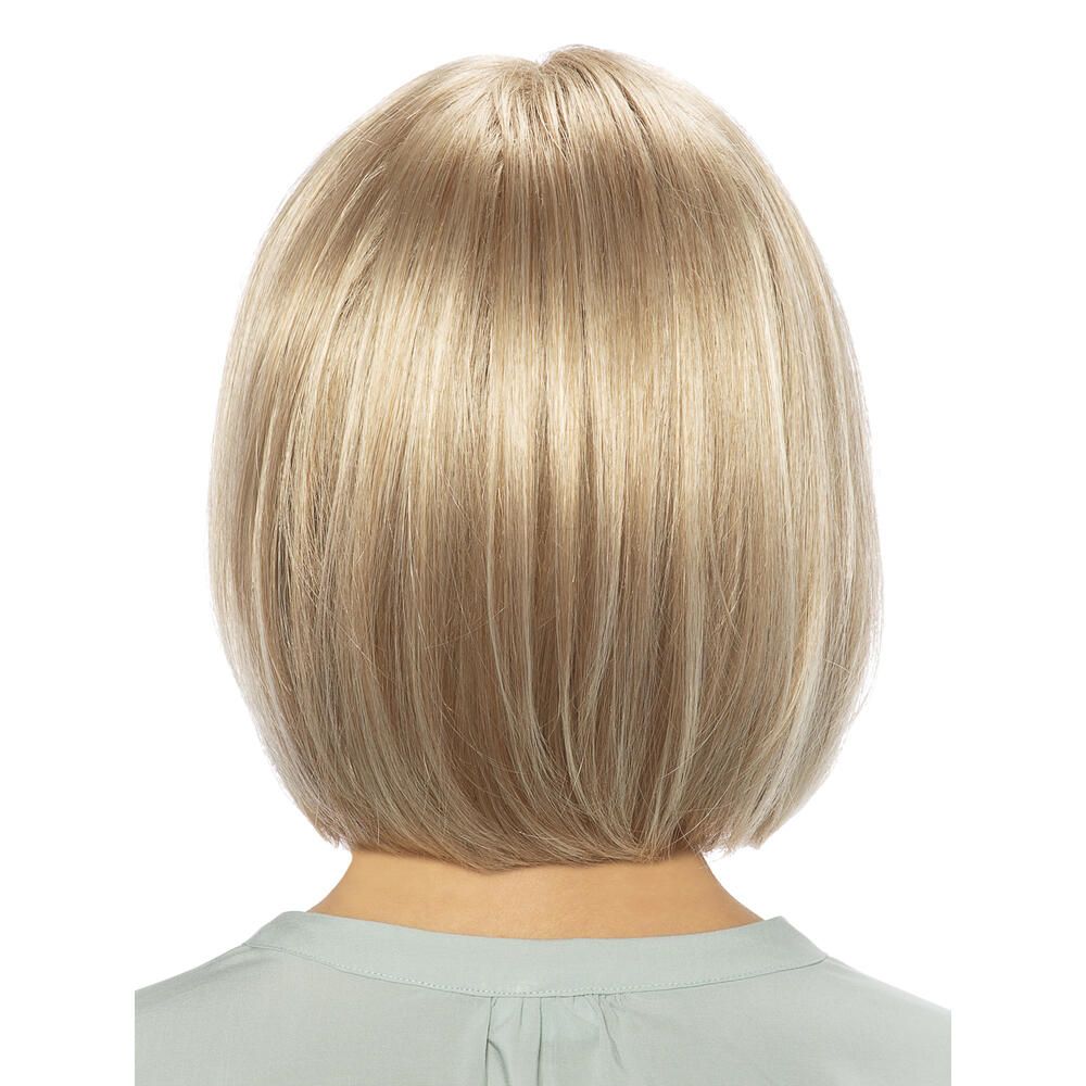 Blonde Perücke, Rückansicht. Kurze, glatte Haare.