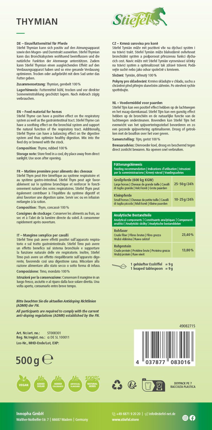 Rückseite der Stiefel Thymian Verpackung. Text in Deutsch, Informationen zu Inhaltsstoffen, Fütterungsempfehlung und Analyse. Siegel: Vegan, ohne Zucker, ohne Aromen.