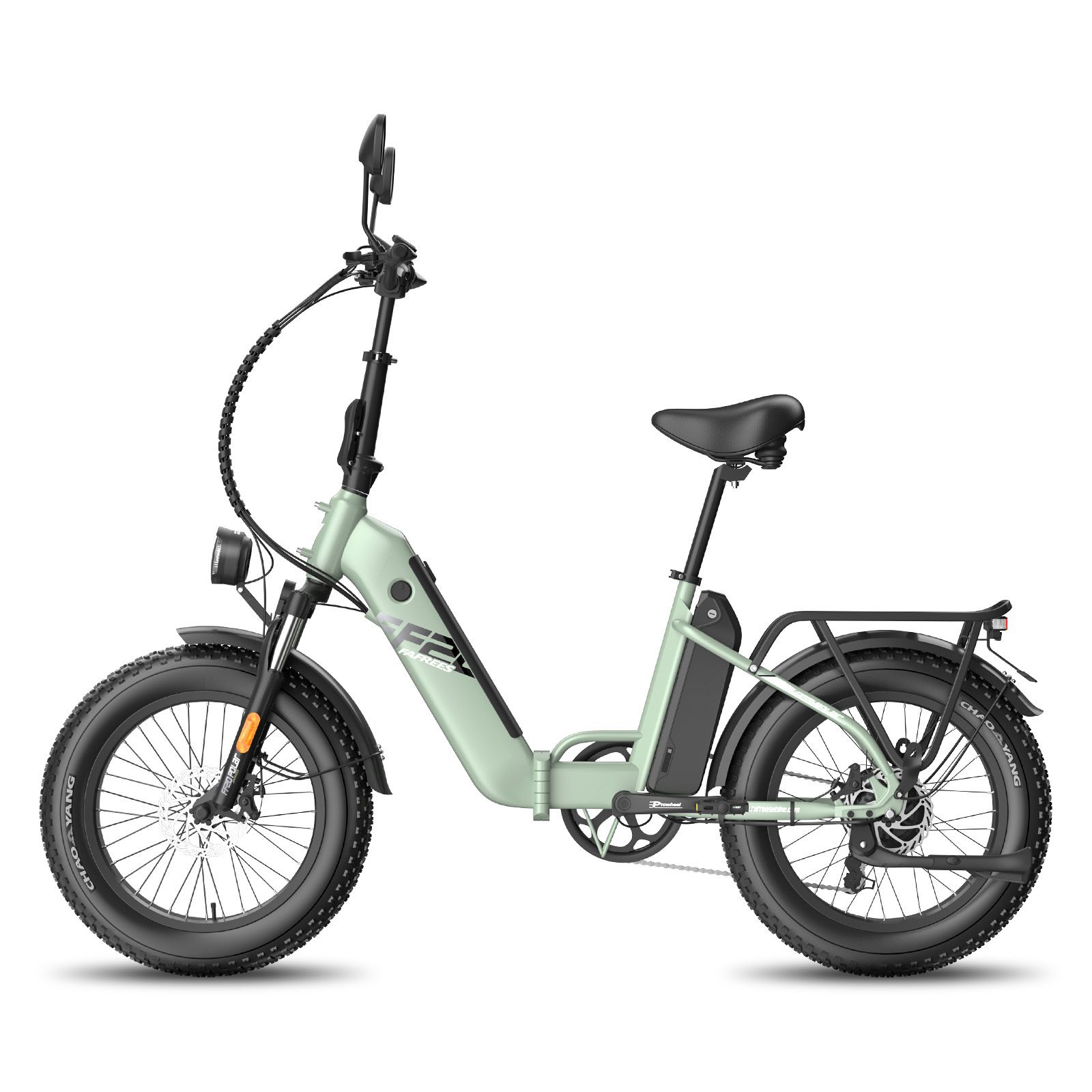 Hellgrünes Elektrofahrrad mit schwarzen Reifen und Gepäckträger. Sichtbar: F2-Logo, Scheinwerfer, Sattel und Lenker.