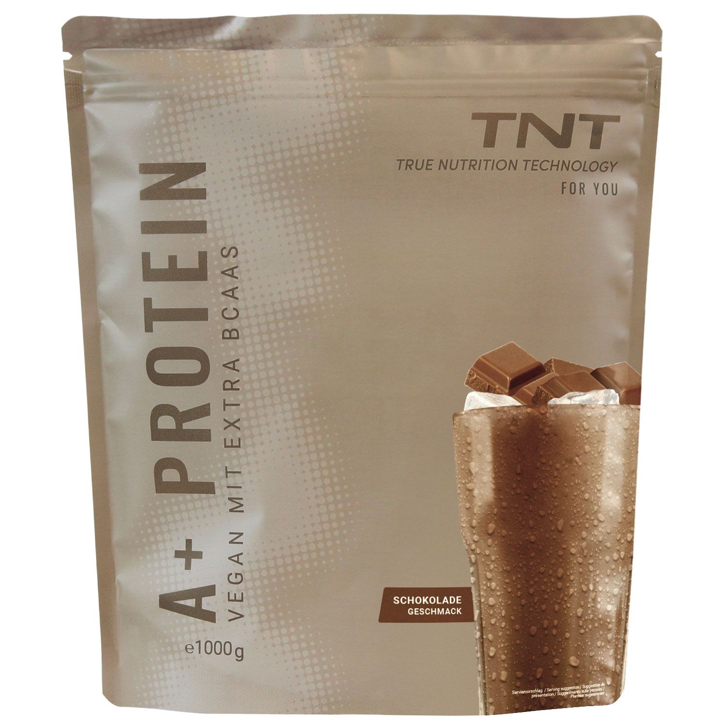 Standbodenbeutel mit TNT A+ Protein Schokoladengeschmack, 1000g.