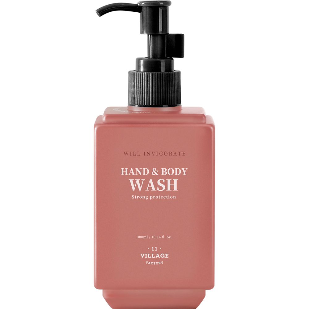 Rosa Hand- und Körperwaschmittel-Flasche mit schwarzem Spender. Aufschrift: Hand & Body Wash, Strong protection, 11 Village Factory.