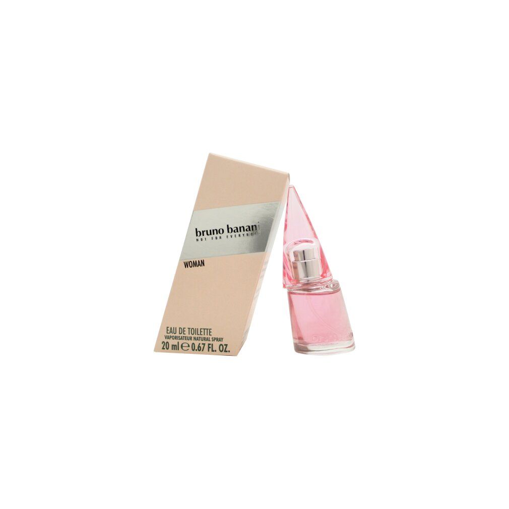 Rosa Flakon und Verpackung. Flakon mit silbernem Zerstäuber. Text: Bruno Banani, Woman, Eau de Toilette.