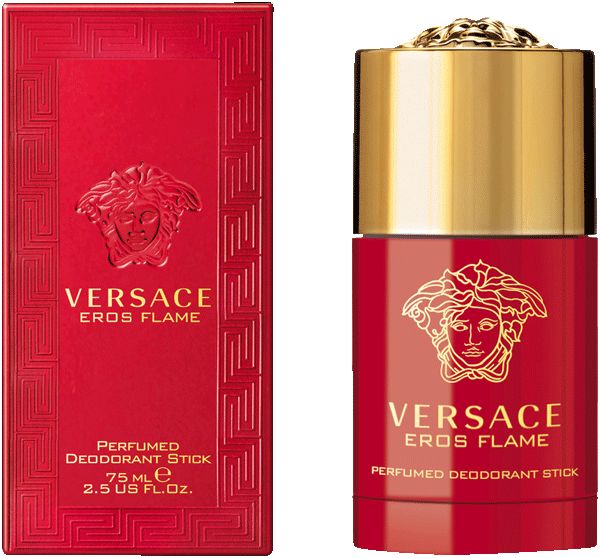 Roter Deostift und Verpackung. Goldfarbene Kappe. Marke und Produktname aufgedruckt. 75 ml.
