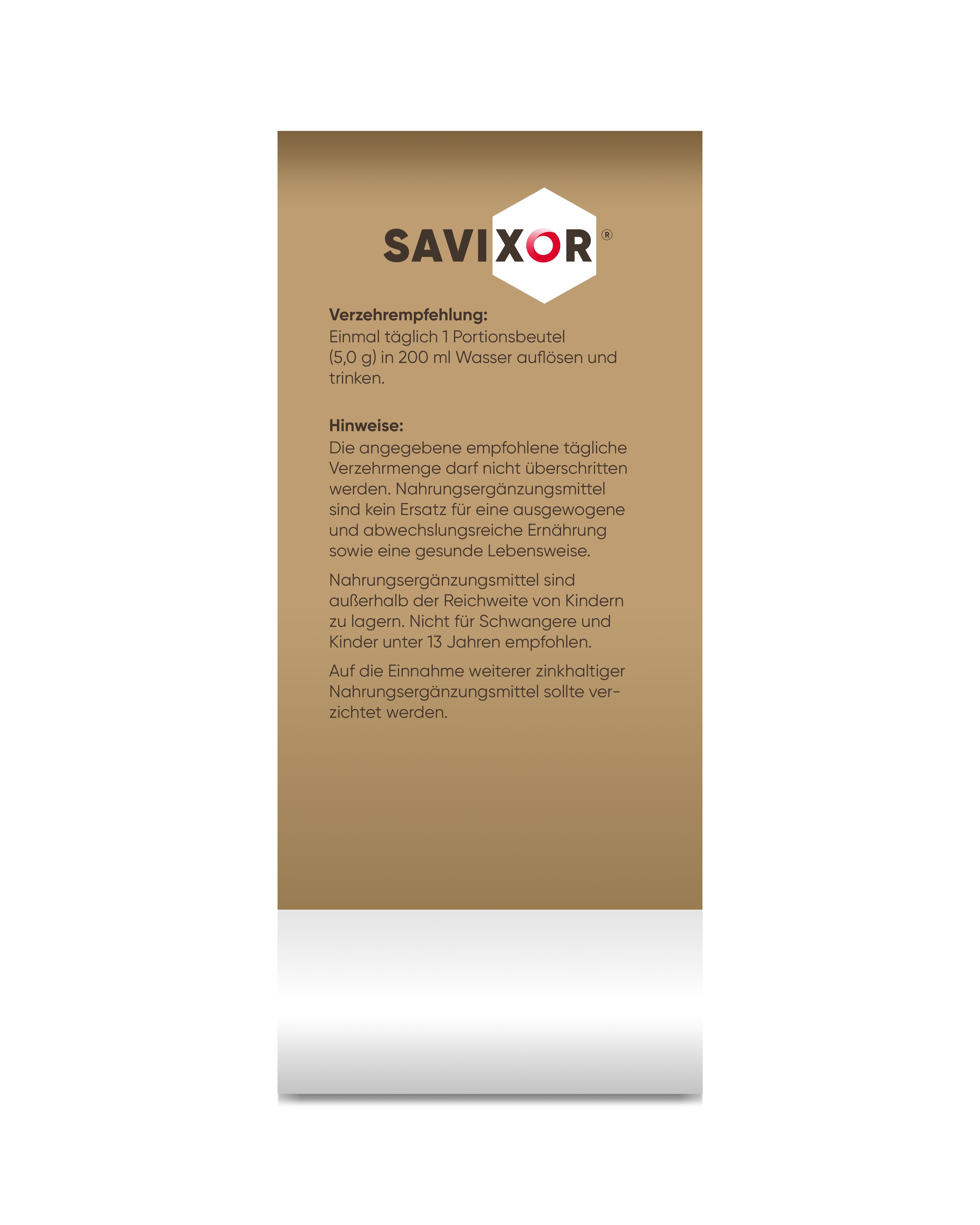 Savixor. Gebrauchsanweisung auf braunem Hintergrund. Empfohlene Tagesdosis, Hinweise zur Einnahme und Warnhinweise.
