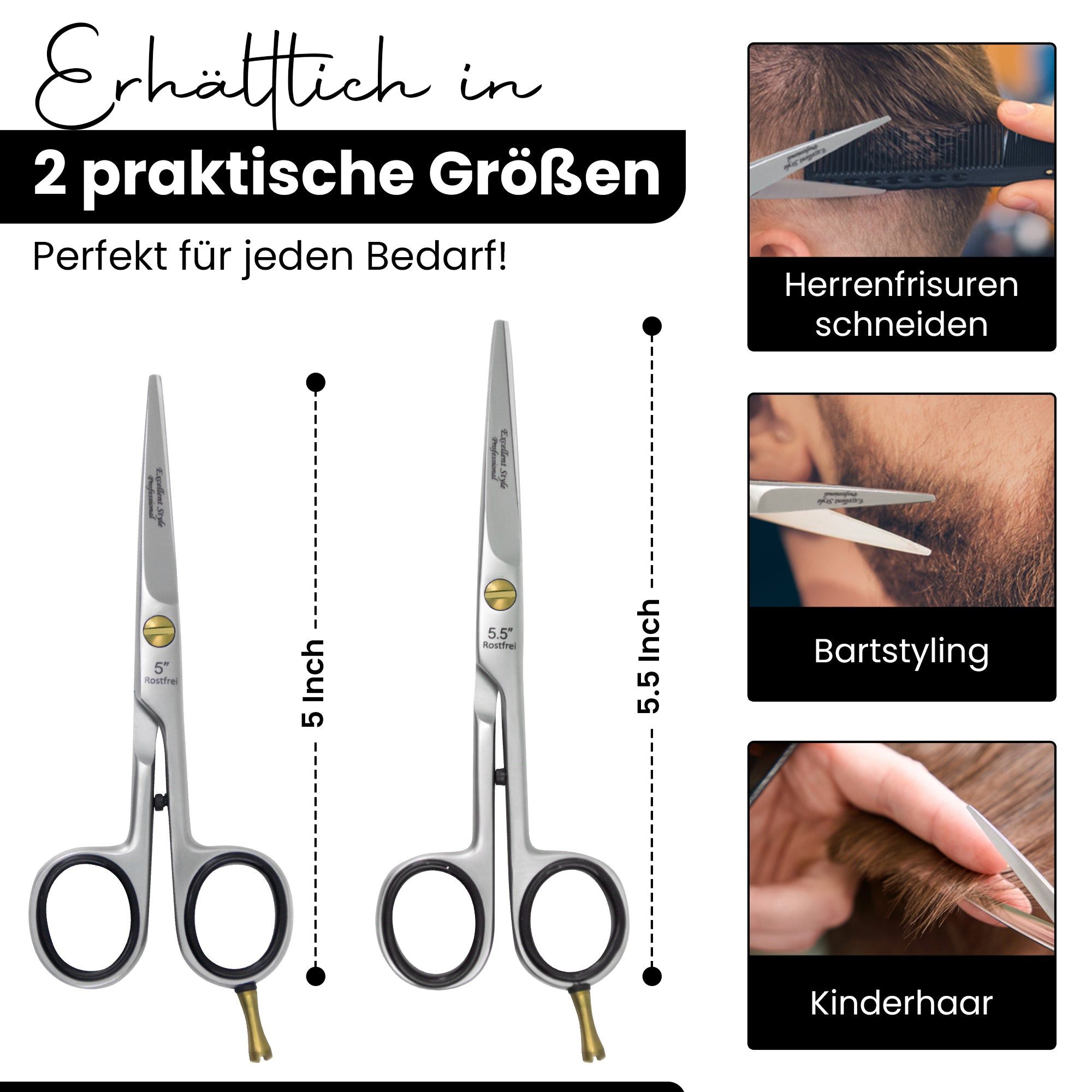 Zwei Friseurscheren, 5 und 5,5 Zoll, mit schwarzen Griffen. Beschriftung: 'Erhältlich in 2 praktische Größen'. Illustrationen: Haarschnitt, Bartstyling, Kinderhaar.