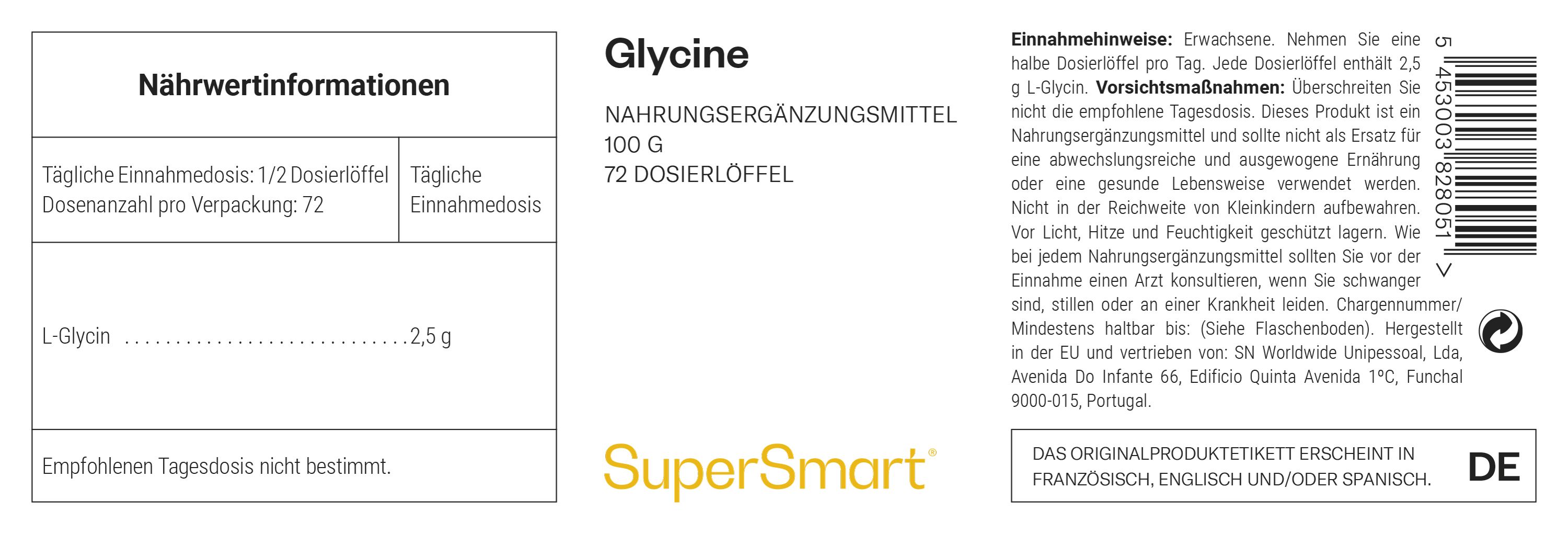 Etikett mit Produktinformationen. Glycin, Nahrungsergänzungsmittel, SuperSmart. Text in Deutsch.