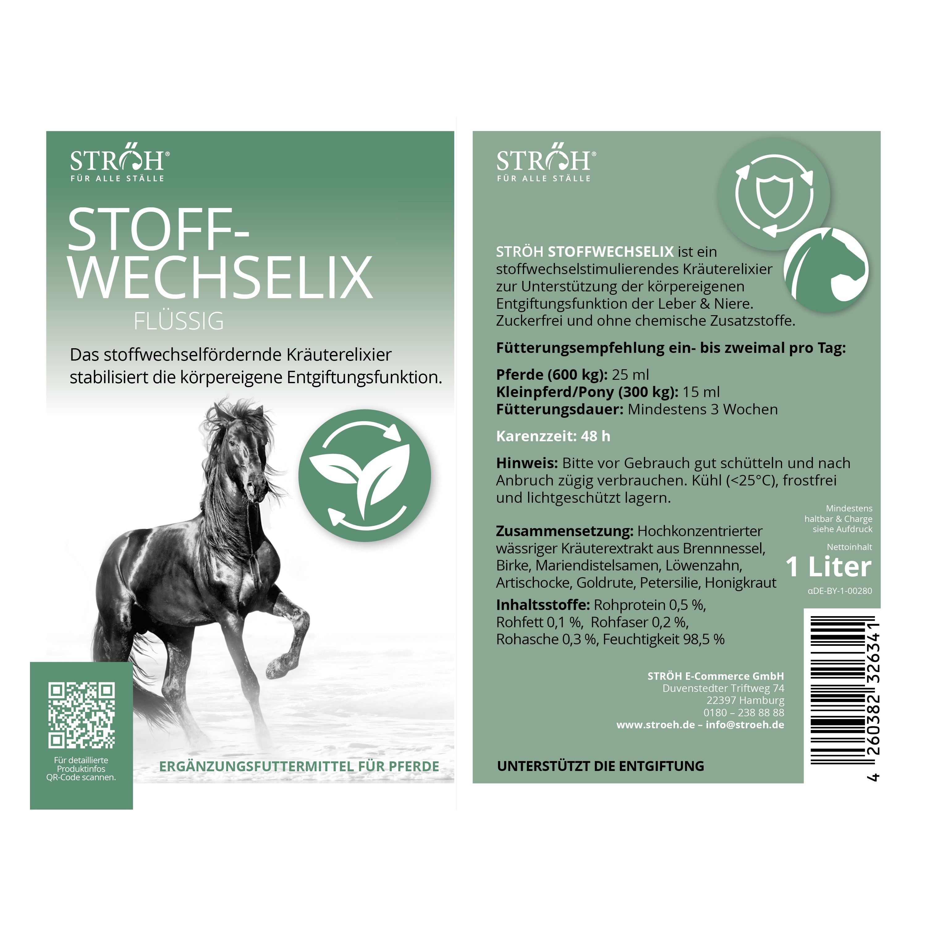 Verpackung von STRÖH STOFF-WECHSELIX. Text, Pferd-Illustration, QR-Code, grüne Blätter-Symbol, 1 Liter.