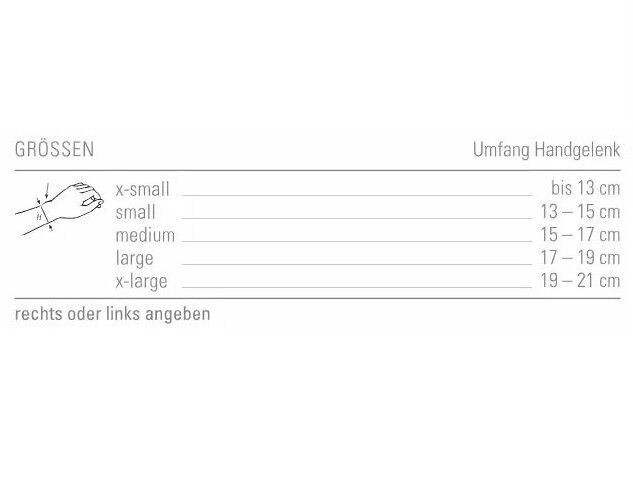 Größentabelle für Handgelenkbandage. Größen: x-small bis x-large. Umfang Handgelenk in cm.