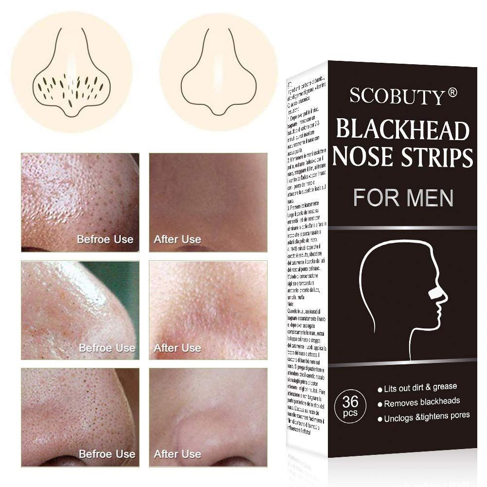 Verpackung mit Nasenstreifen. Vorher-Nachher-Bilder. Marke: SCOBUTY. Für Männer. 36 Stück.