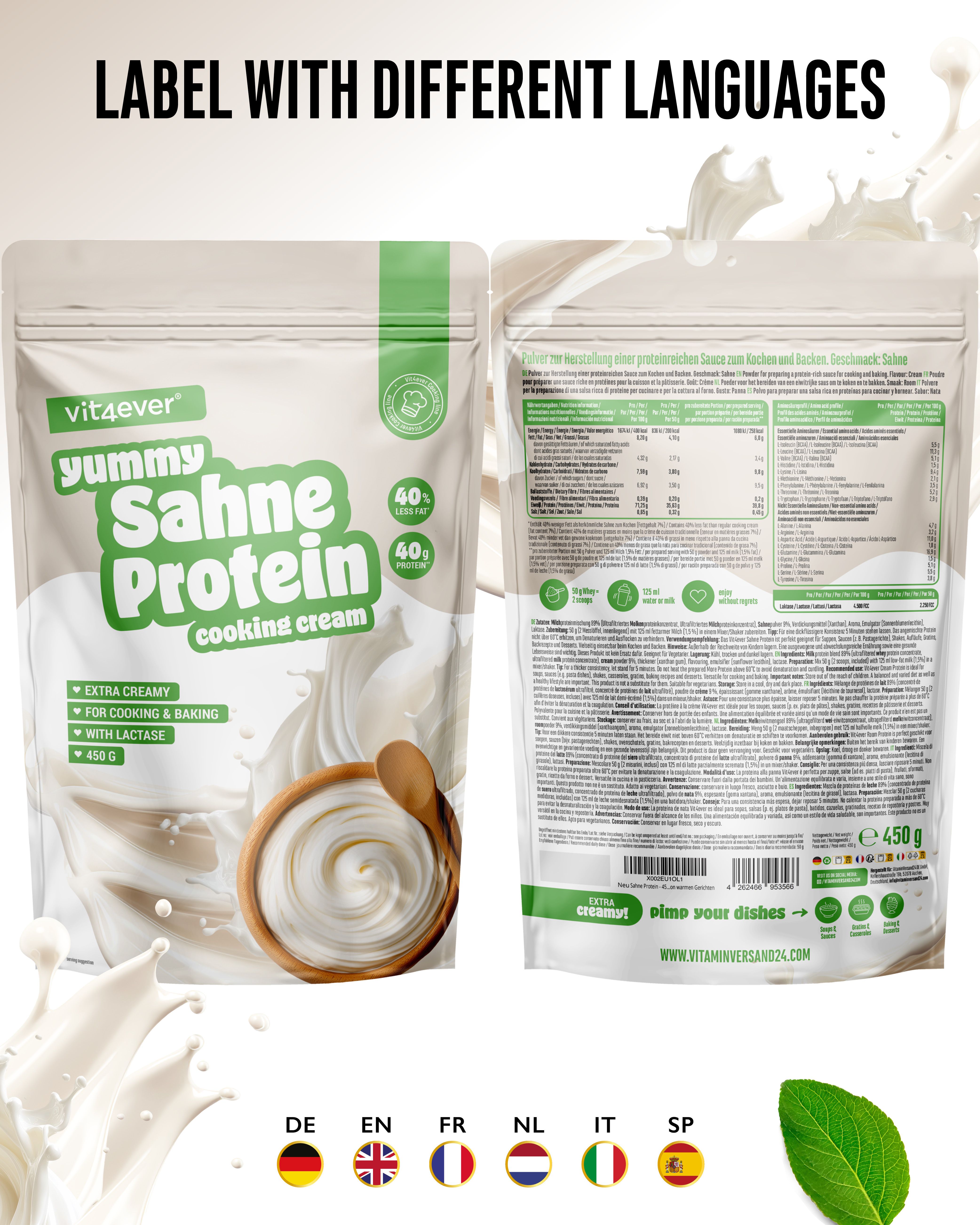 Verpackung von Yummy Sahne Protein. Vorder- und Rückseite. Aufschrift: vit4ever, Yummy Sahne Protein, cooking cream. Mit verschiedenen Sprachkennzeichnungen.